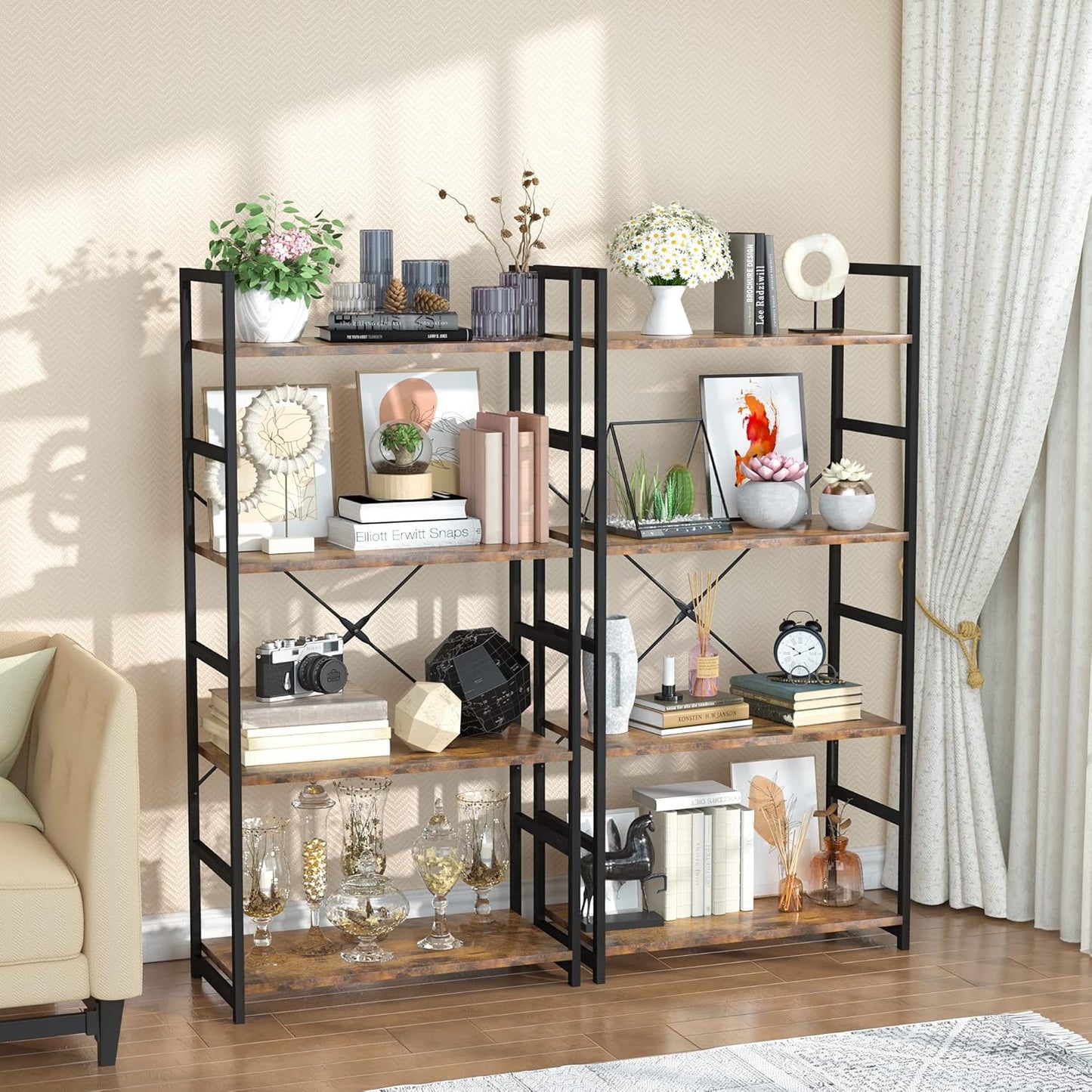 OTK 4 Tier Bookshelf, Tall Bookcase, Office Shelf Storage Organizer, Modern Book Shelf for Living Room, Bedroom, and Home Office, Vintage
