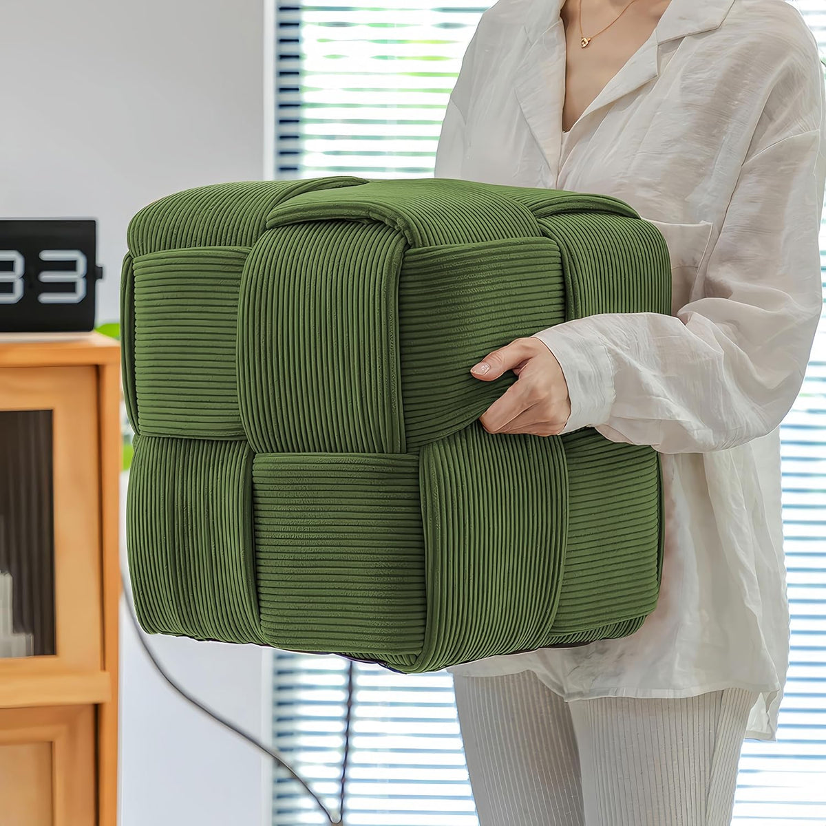 Ottoman Foot Rest Soft and Comfortable Ottoman Square Corduroy Woven Design Sofa Stool (Green)
