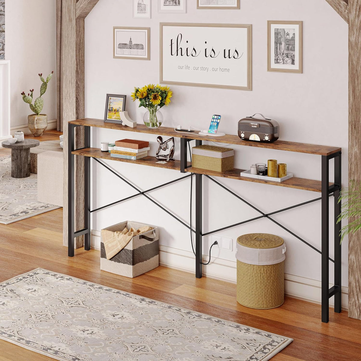 IRONCK Console Table with Power Outlet, Long Sofa Table with Shelves and X-Shaped Design, Narrow Sofa Entryway Behind Couch Table for Living Room and Hallway, Vintage Brown