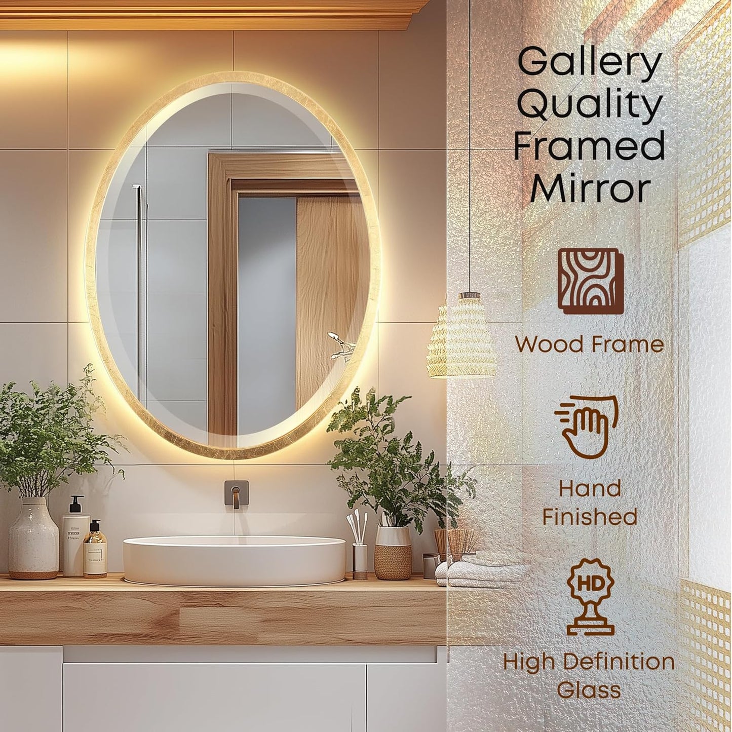 OVALCREST - Oval Wooden Beveled Wall Mirror for Home Decor, Bathroom, Vanity, Bedroom, Living Room, Hallway - London Style (Gold Leaf) 21.1 x 25.1