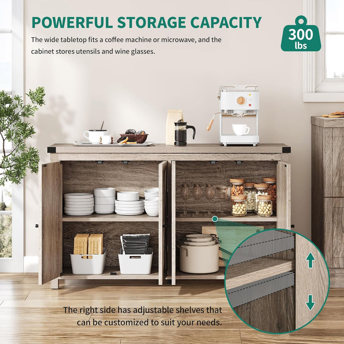YITAHOME Buffet Cabinet with Storage, 55'' Modern Farmhouse Coffee Bar Cabinet w/4 Doors ＆Adjustable Shelf, Wood Large Kitchen Storage Cabinet with Barn Doors for Kitchen, Living Room, Grey-Brown