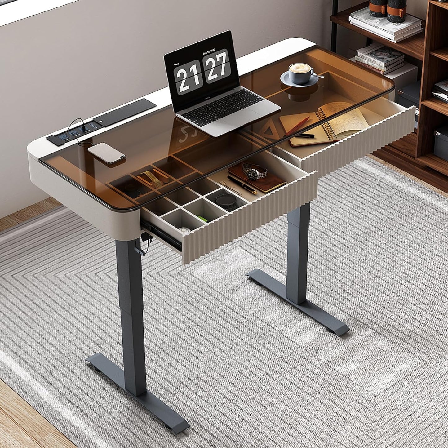 Lartis Office Desk, Electric Computer Lift Table Standing Desk with Drawer Charging USB Port, Home Office Laptop Table with Drawer
