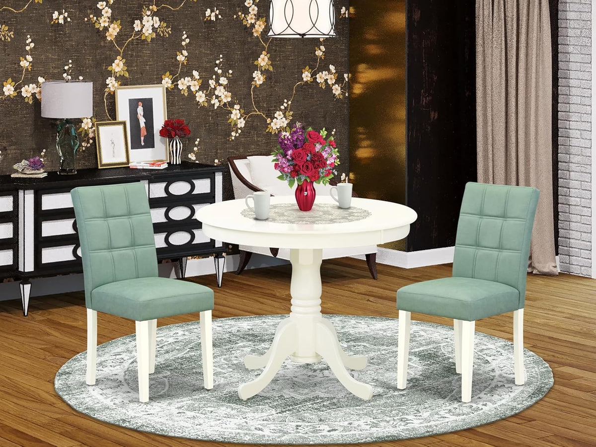 East West Furniture ANAS3-LWH-43 3 Piece Dining Table Set consists A Dinner Table and 2 Willow Green Polyester Fabric Parson Kitchen Chairs with Stylish Back- Linen White Finish