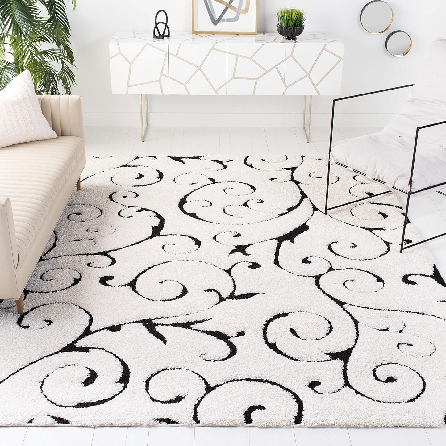 SAFAVIEH Florida Shag Collection Area Rug - 6'7" Square, Ivory & Black, Scroll Design, Non-Shedding & Easy Care, 1.2-inch Thick Ideal for High Traffic Areas in Living Room, Bedroom (SG455-1290)