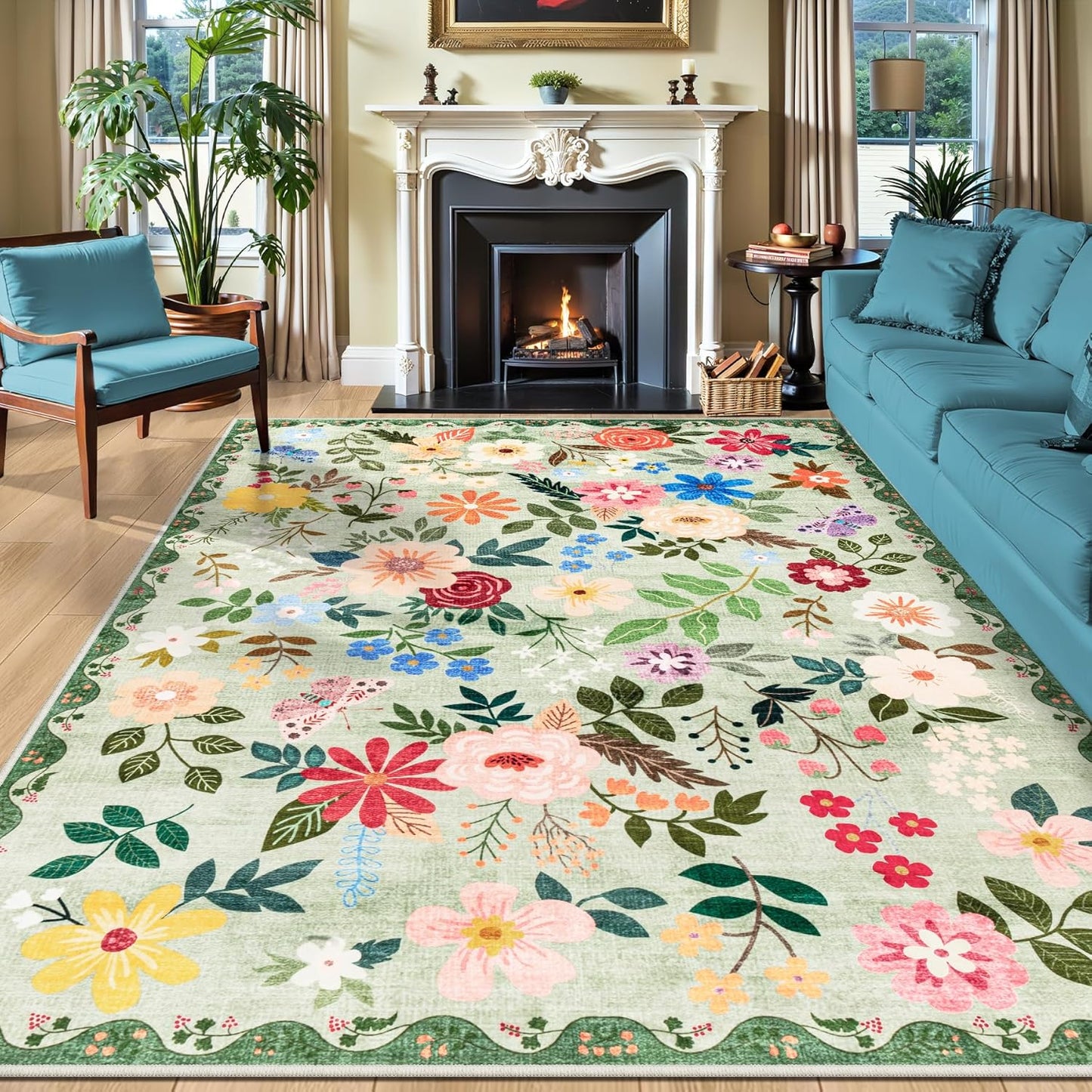 10x14 Area Rugs for Living Room: Floral Washable Rug Vintage Large Soft Boho Non-Slip Carpet Indoor Stain Resistant Low Pile Carpets for Bedroom Dining Room Farmhouse Nursery Hallway Home Office Green