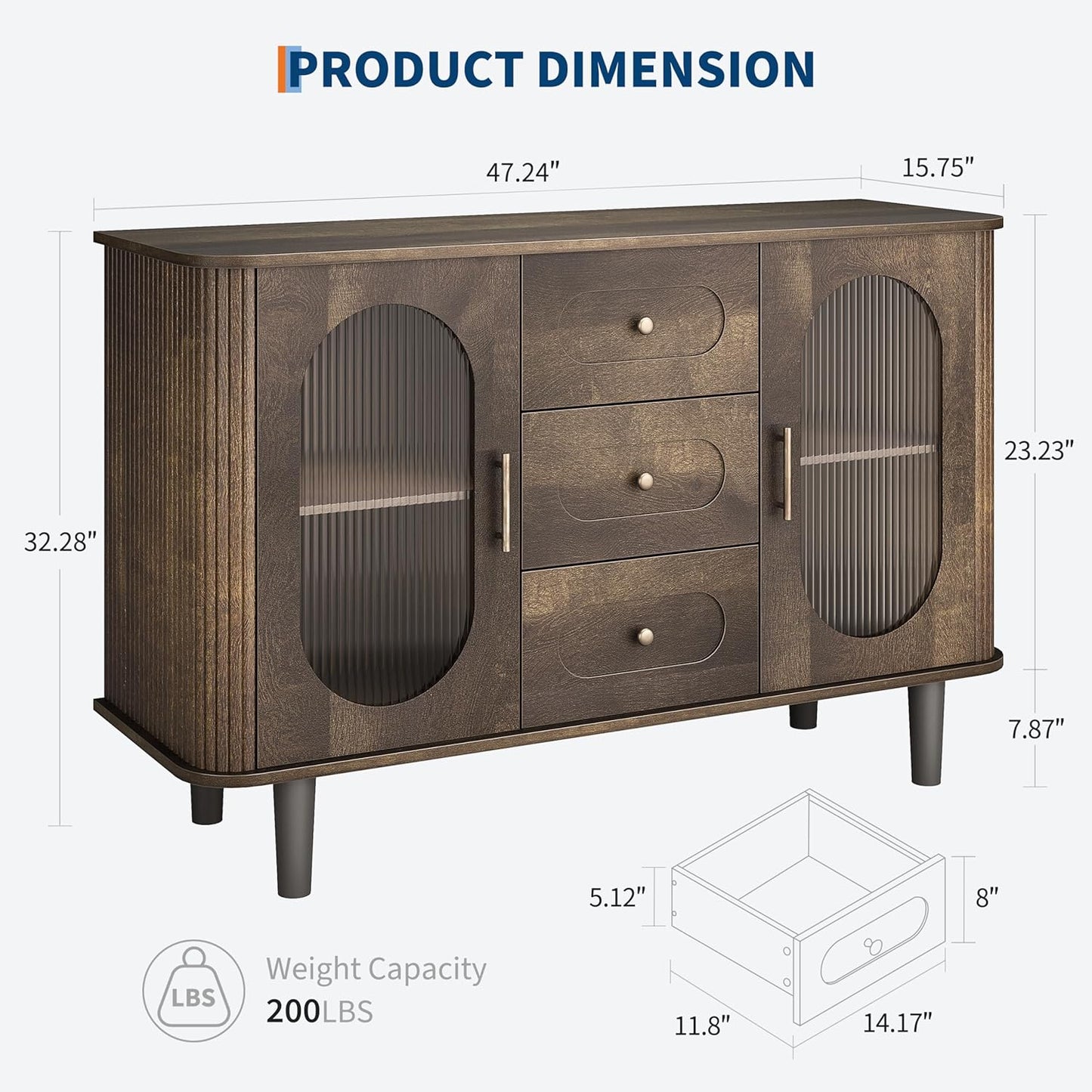 GarveeHome 47.2" Sideboard Buffet Cabinet with 2 Fluted Glass Doors & 3 Drawers, Modern Farmhouse Accent Coffee Bar with Adjustable Shelves for Kitchen, Living Room, Hallway, Walnut