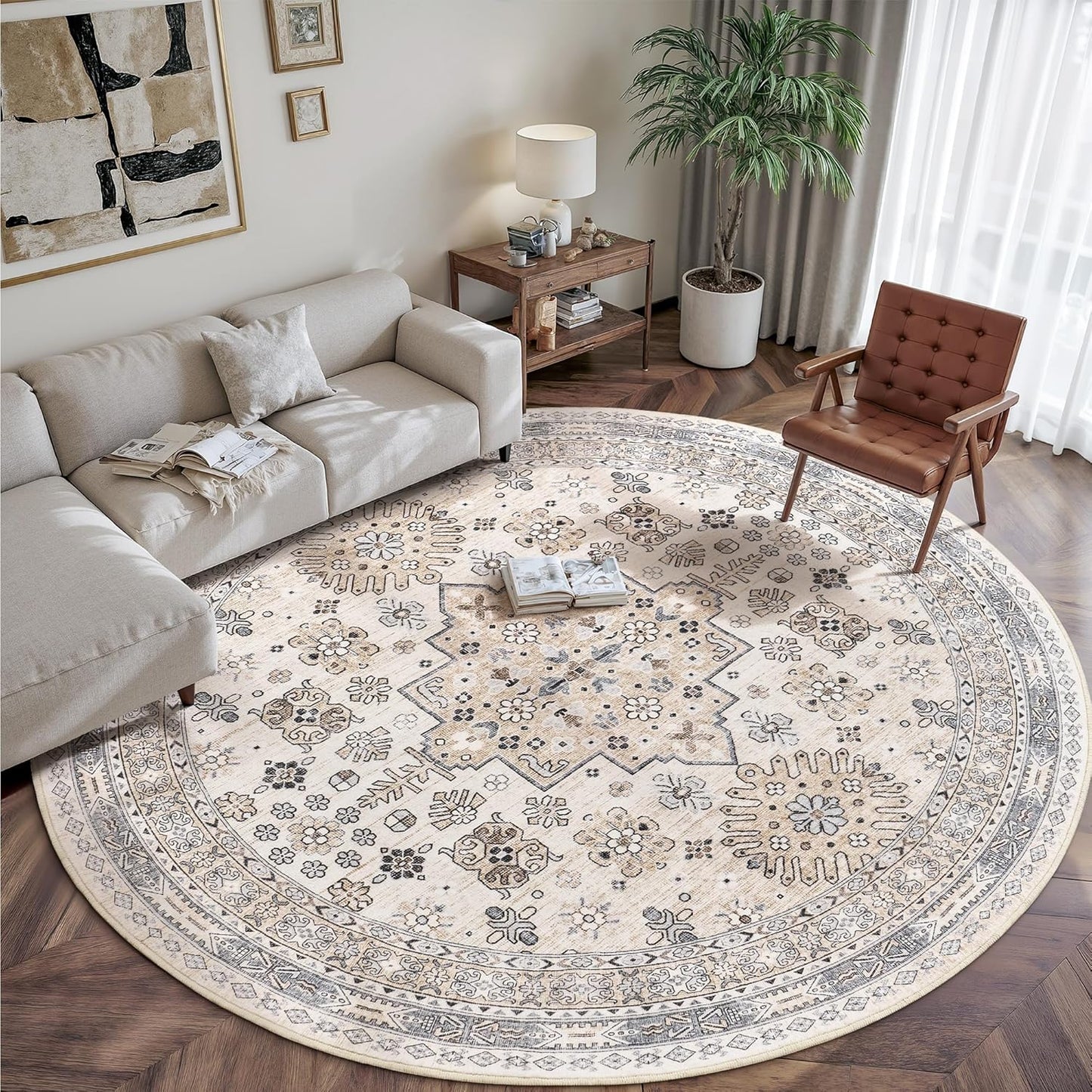 zesthome 9ft Round Rugs for Living Room, Non-Slip Washable Round Area Rugs, Ultra-Thin Large Circle Rugs, Soft Low Pile Rug for Bedroom, Kitchen - Vintage Stain Resistant Round Rug (Beige,9'x9')