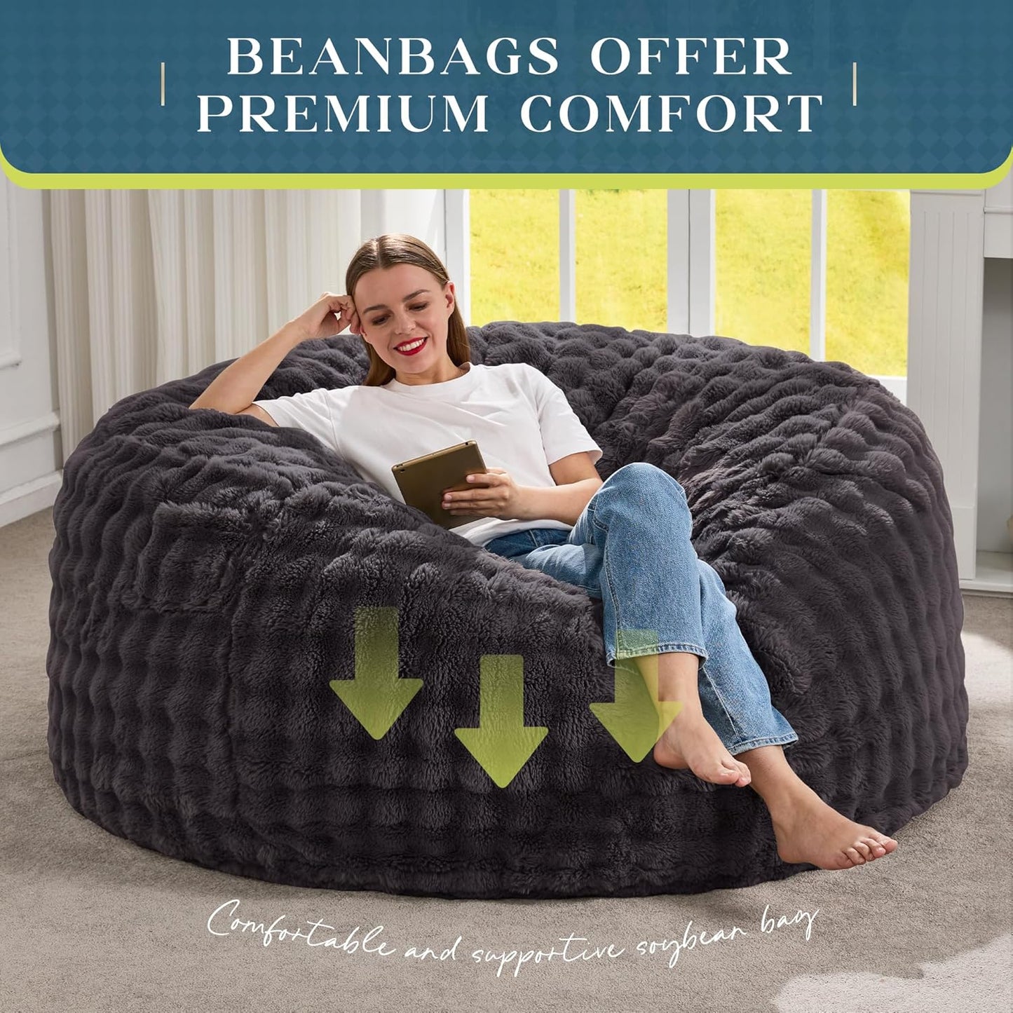 Hobestluk Bean Bag Chairs 5ft Beanbag Chair with Filler Adult Bean Bags with Fluffy & Machine Washable Cover, Giant Bean Bag Chairs for Adults (Dark Grey, 5FT-50" x 50" x 24")