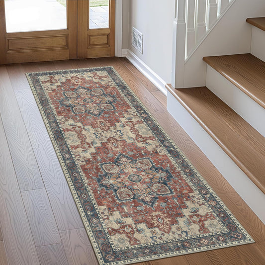 GENIMO 2x10 Runner Rugs for Hallway, Machine Washable Non Slip Vintage Rugs, Low Pile Lightweight Soft Print Rug for enrtyway, Corridor, Home Office, Kitchen, Bordeaux