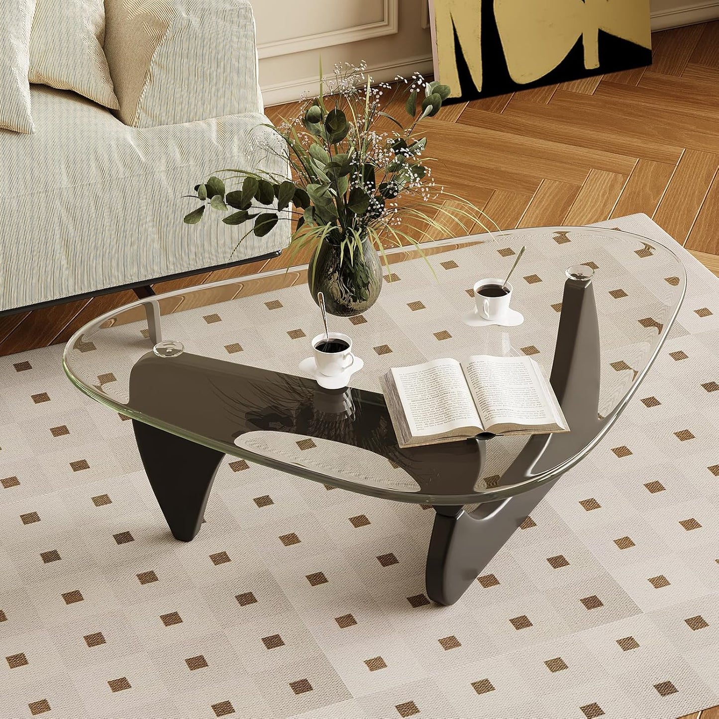 Glass Coffee Table for Living Room Mid Century Modern Triangle Center Table with Wooden Base, Transparent/Black