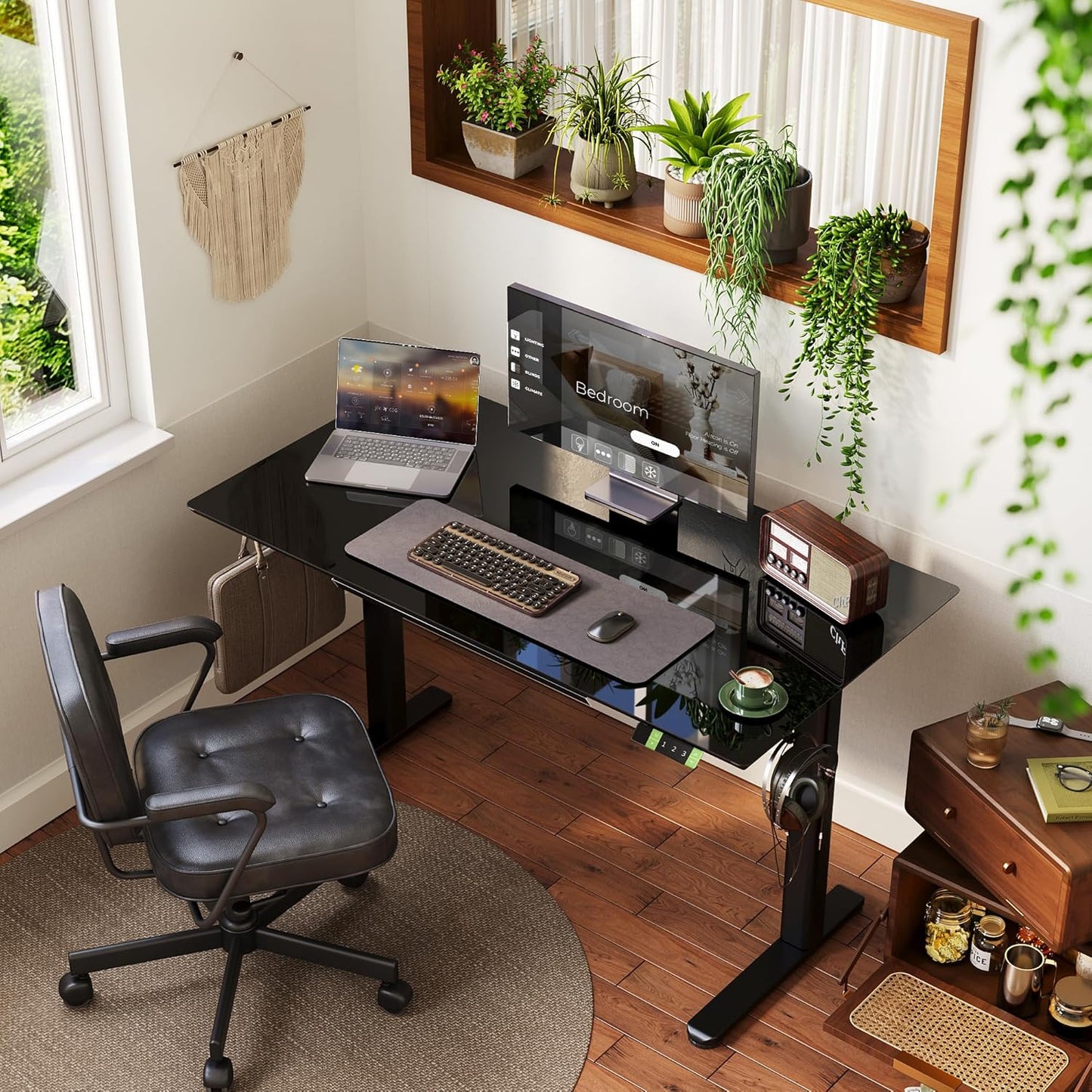 INNOVAR Glass Standing Desk with Drawers, 55×27.6 Inch Adjustable Stand Up Desk Quick Install Home Office Computer Desk, Black