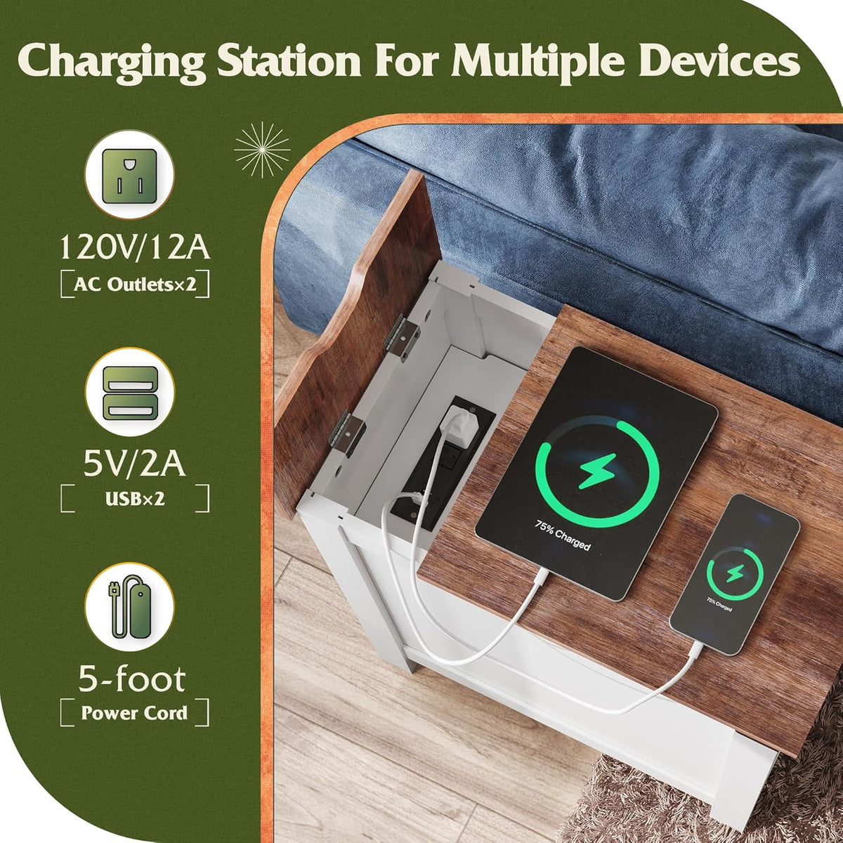 WLIVE White Farmhouse End Table for Living Room, Narrow Side Table with Charging Station, Night Stand with Storage, Small Wooden Cabinet with USB Ports and Outlets for Bedroom, White
