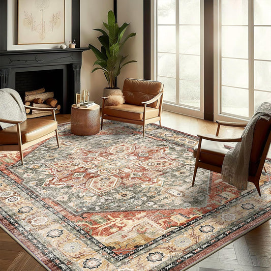Washable Area Rug 8'x10' Red Khaki Retro Boho Design Non-Shedding Non-Slip Easy Care Ideal for High Traffic Areas in Living Room Bedroom Office Coffee Table Kitchen Large Carpet