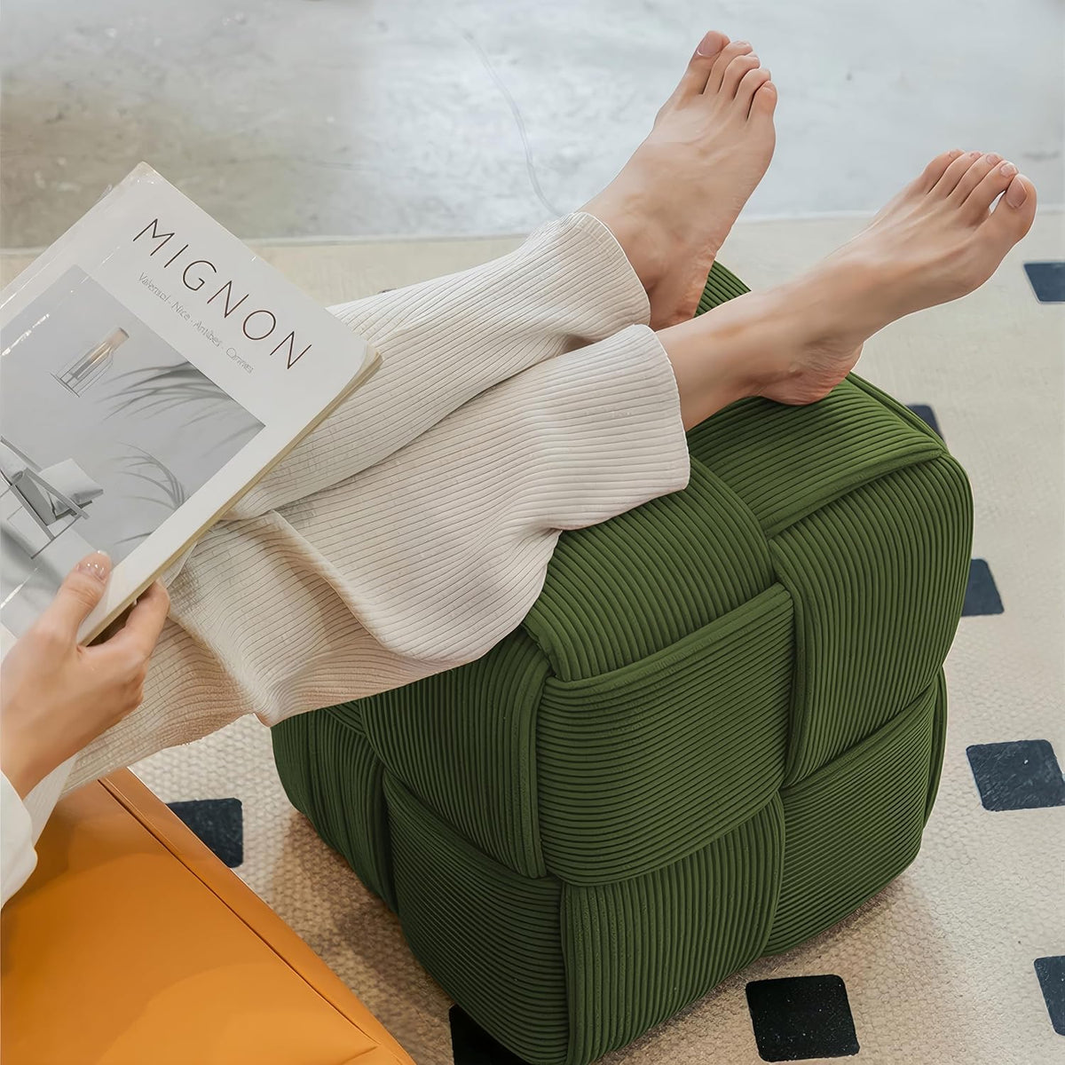 Ottoman Foot Rest Soft and Comfortable Ottoman Square Corduroy Woven Design Sofa Stool (Green)