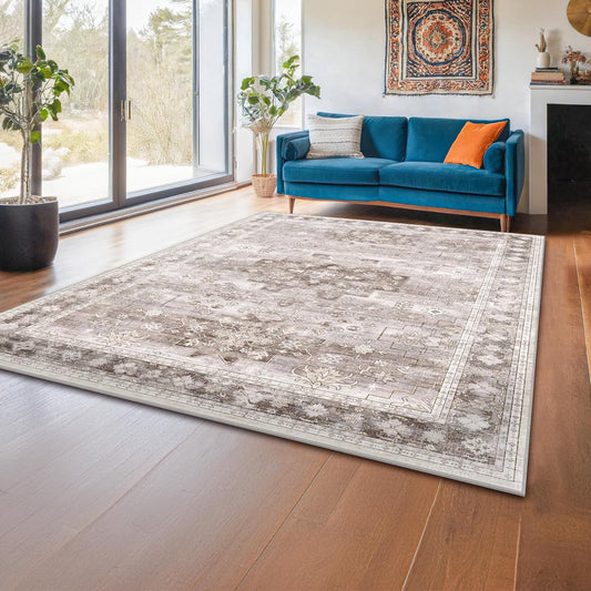 Washable Neutral Farmhouse Living Room Rug, 5x8 Area Rugs for Bedroom Under Bed, Nursery Room, Boho Vintage Floral Non-Slip Rug Low Pile Stain Resistant (5x8 Beige/Latte)