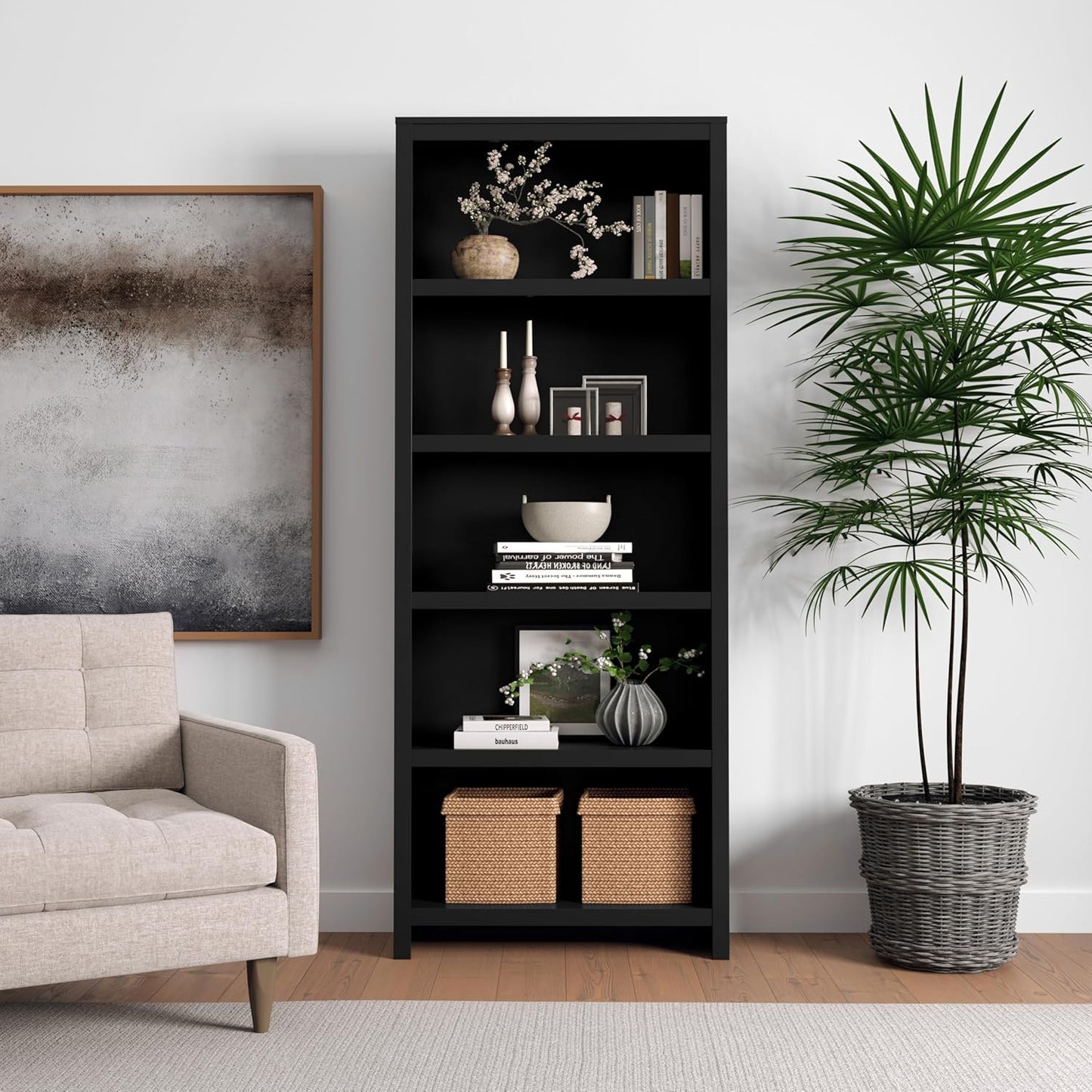 Prepac Moda 5-Tier Tall Wooden Bookcase, Black Storage Cabinet, Display Cabinet, Bookshelf with Storage Shelves 31.75" W x 80" H x 12" D for Home Office, Living Room, Bedroom Organizer