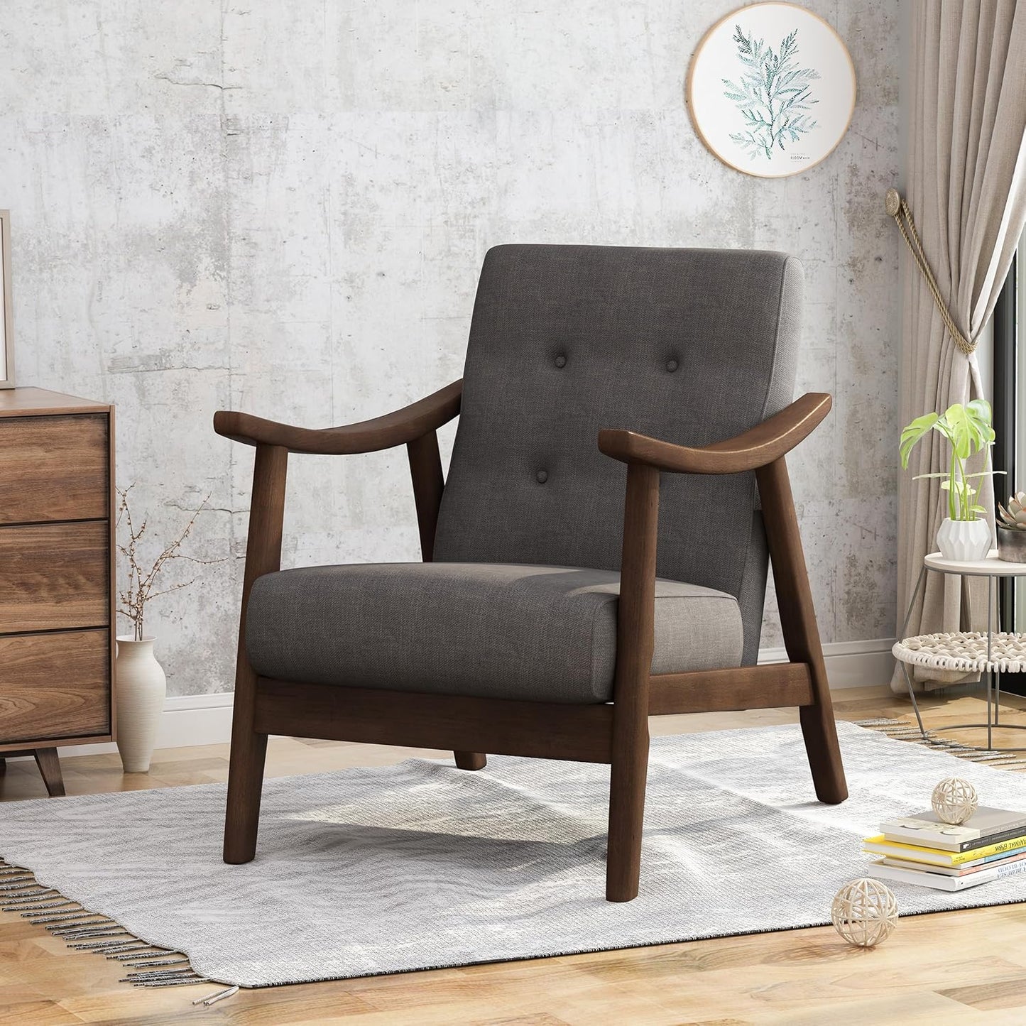 Ball & Cast Accent Chair Wide Armrest Mid-Century Lounge Living Room Chairs with Button Tufting,Wood Frame Seating Furniture for Bedroom,Apartment,Dark Gray