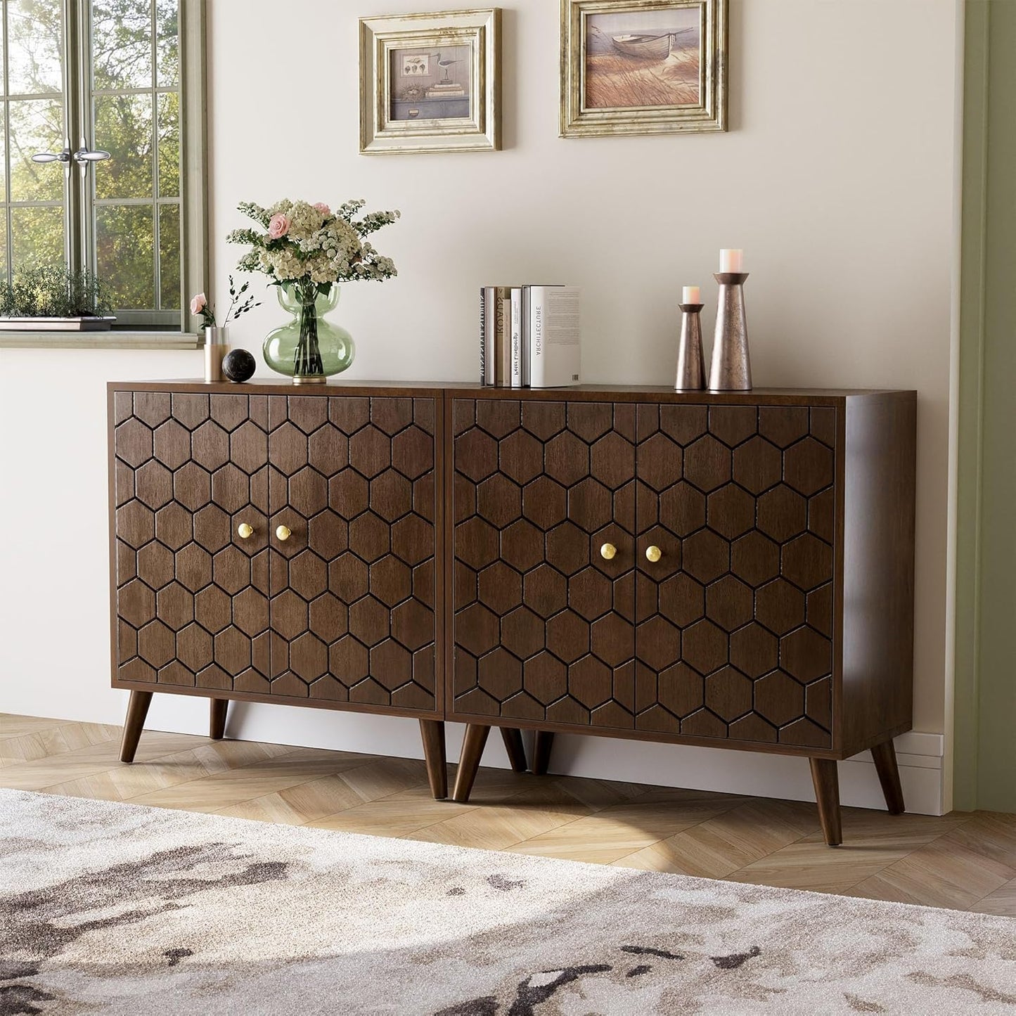 COSIEST Set of 2 32" Storage Sideboards with Doors, Accent Cabinets with Magnetic Push-to-Open Doors, Brown Honeycomb Pattern, Entryway Console for Living Room, Kitchen, Hallway