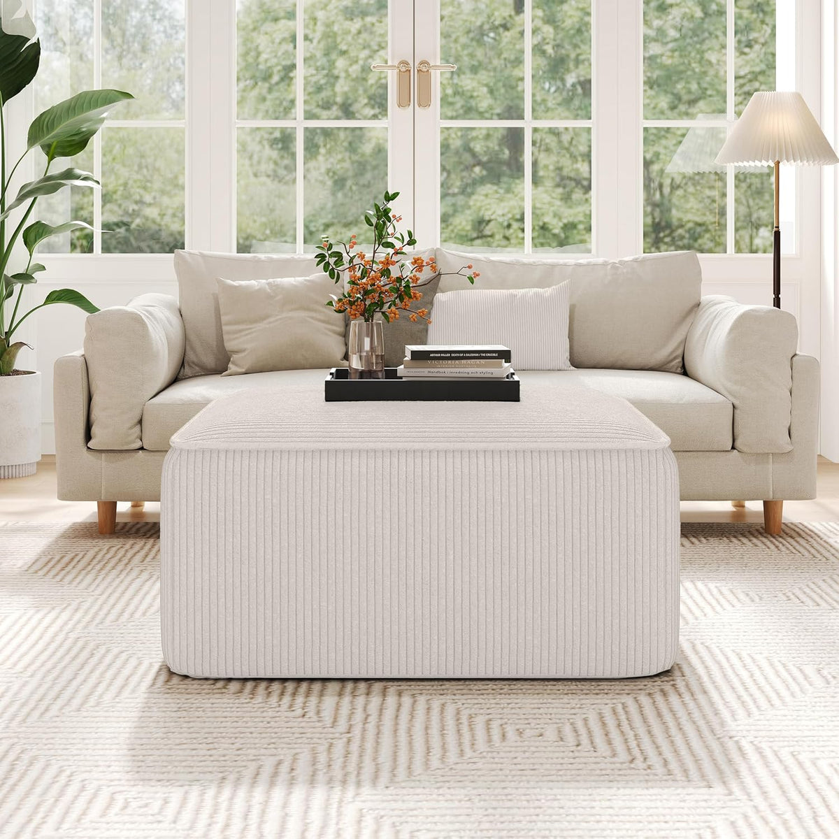 Christopher Knight Home Isa Square Ottoman Footstool, Corduroy Pouf Poufee Footrest Ottoman Large Seat, Modern Side Table for Living Room Bedroom Home Decor, Beige, 30"