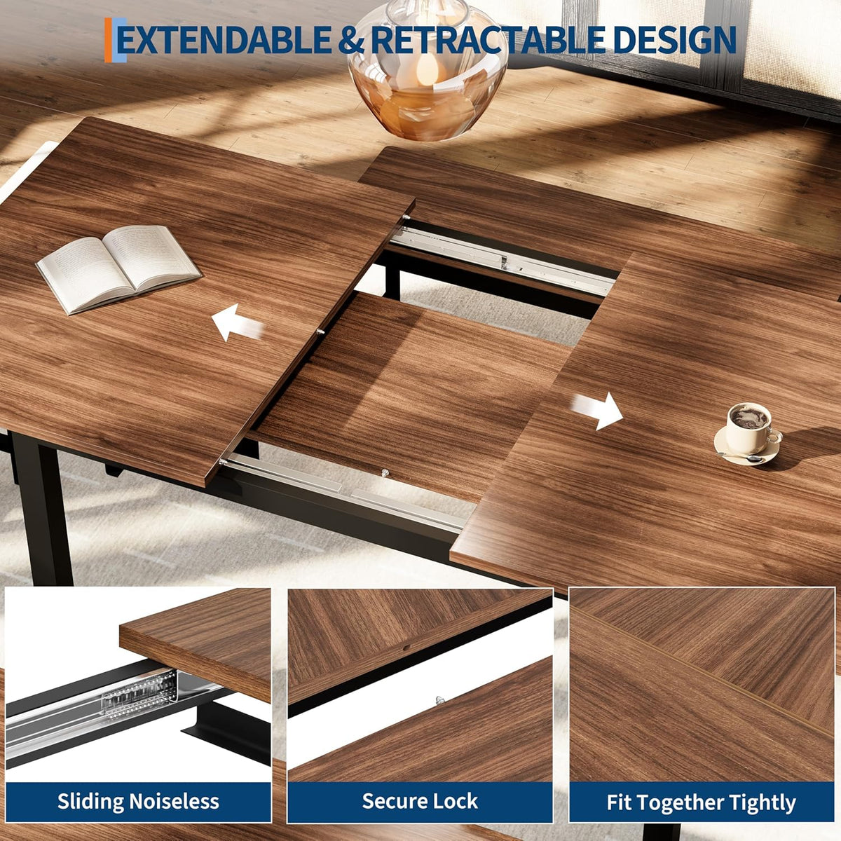 IDEALHOUSE 5-Piece Extendable Dining Table Set for 4-8 People, 63 Inch Kitchen Table with 2 Benches & 2 Stools, Space Saving Modern Dining Room Furniture, Easy Assembly, Brown