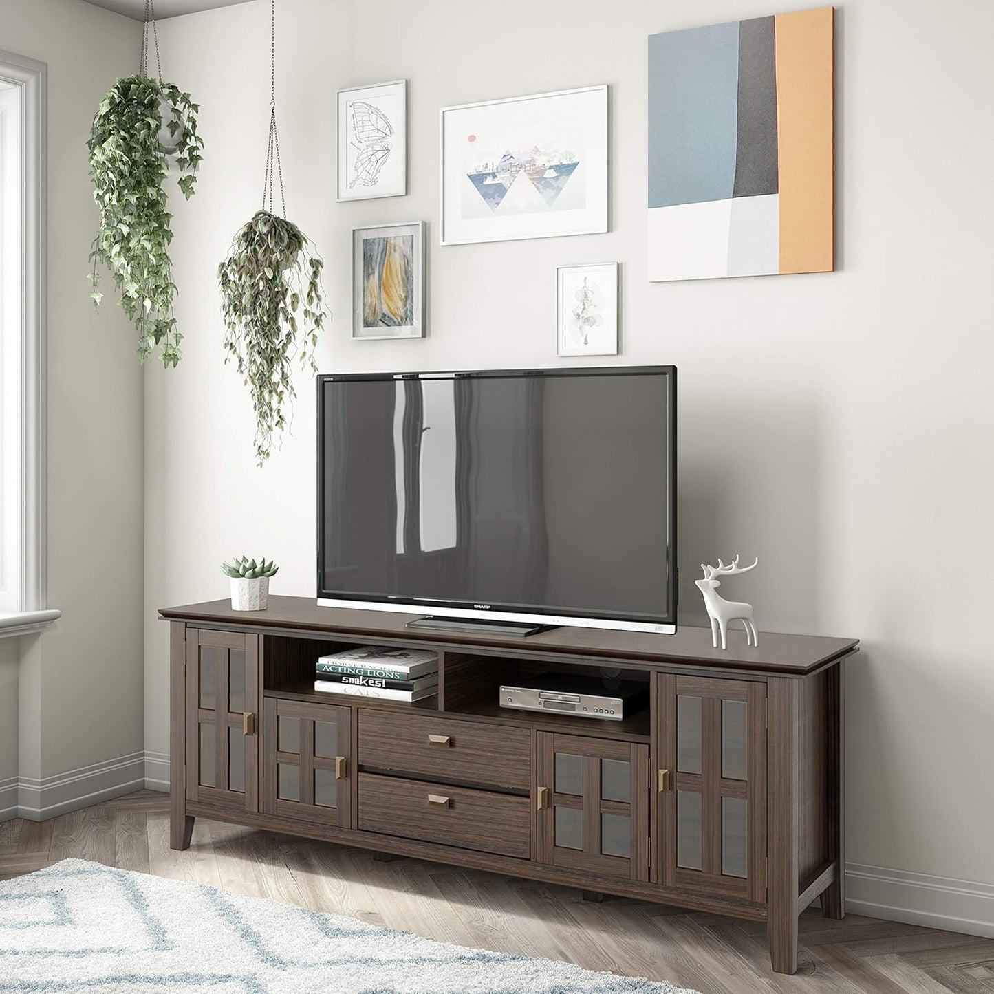 SIMPLIHOME Artisan SOLID WOOD 72 inch Wide Transitional TV Media Stand in Farmhouse Brown For TVs up to 80 inches for the Living Room and Entertainment Center