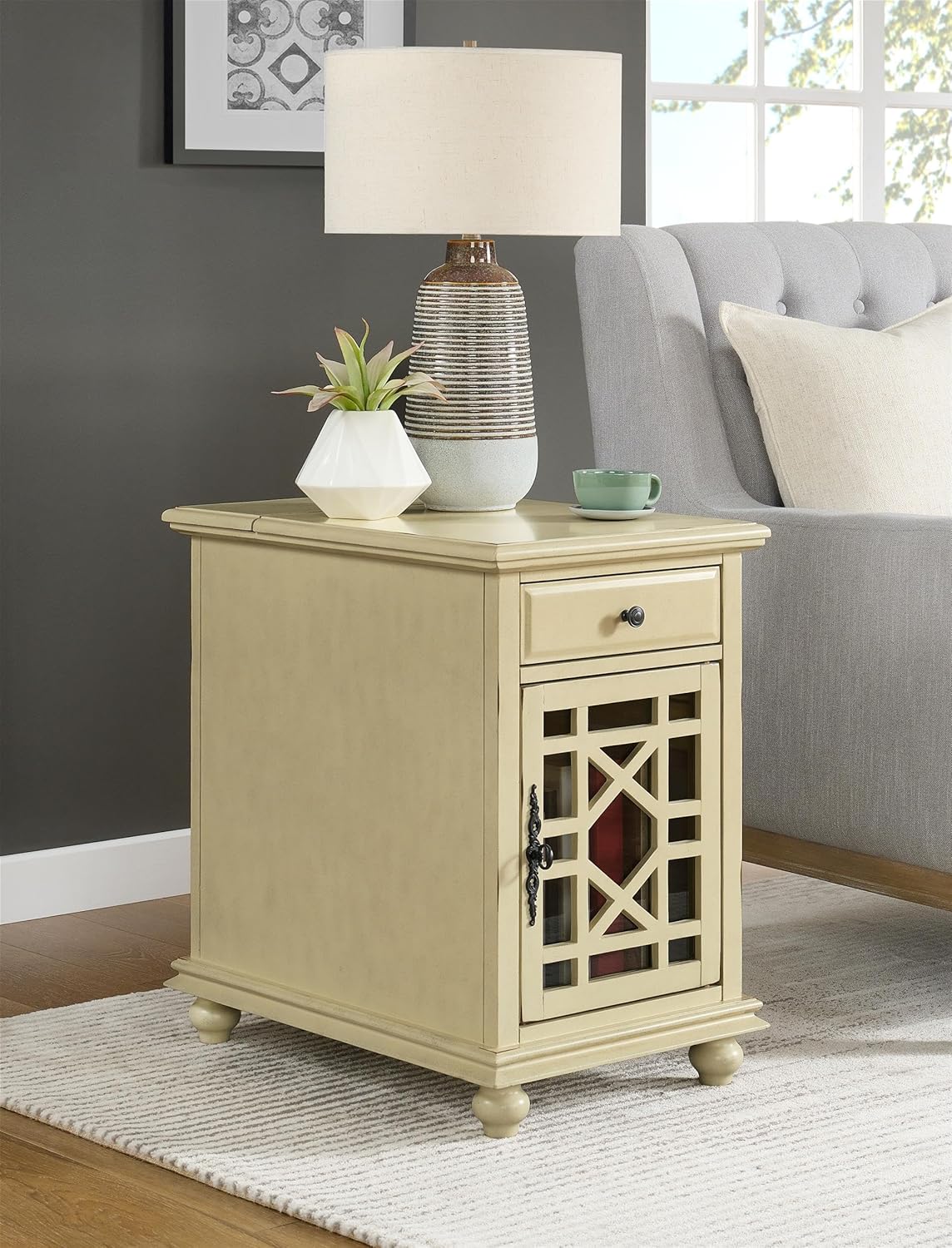 Martin Svensson Home Elegant Chairside End Table with Power, Antique Cream White