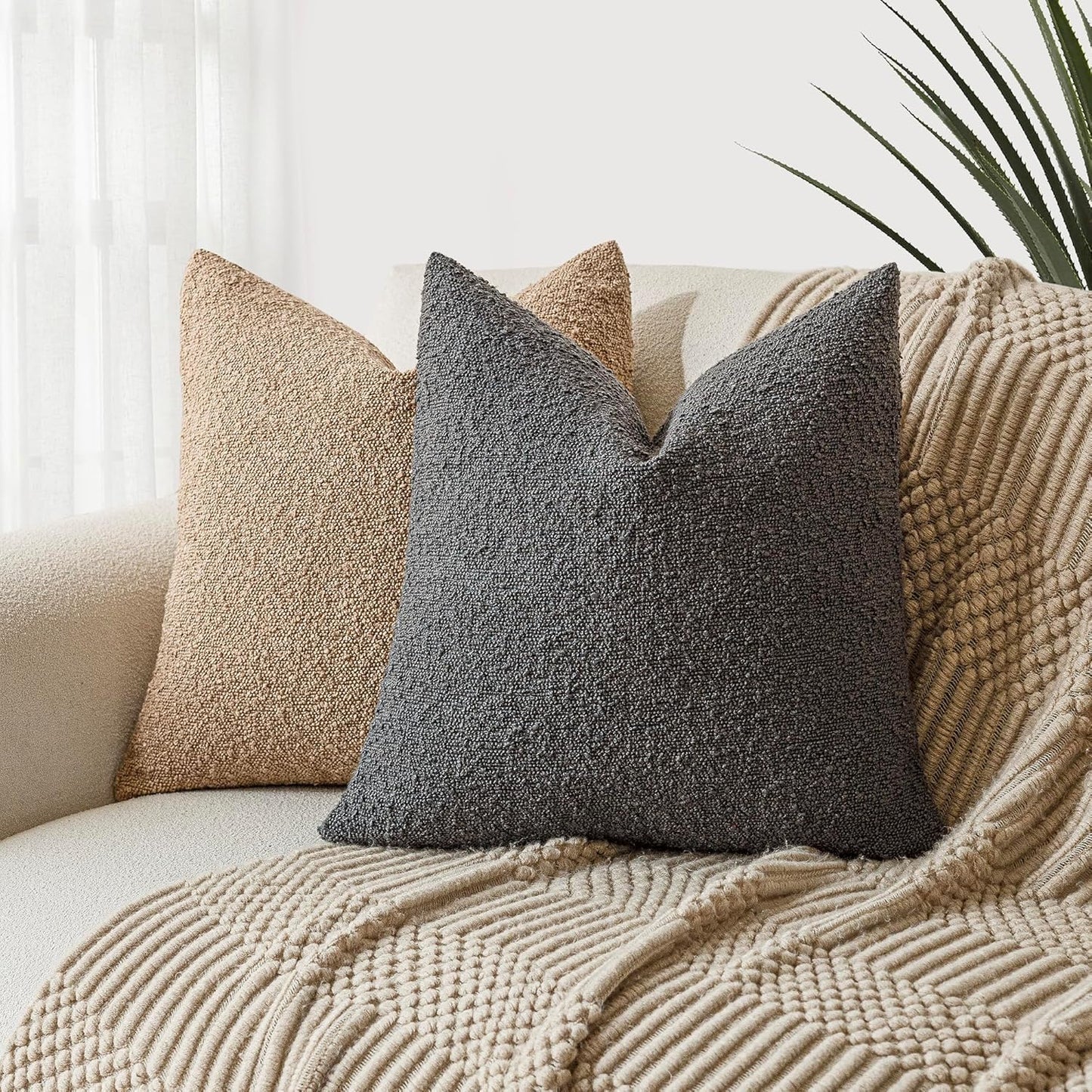 Foindtower Pack of 2 Textured Boucle Throw Pillow Covers Accent Solid Decorative Pillow Cases Cozy Woven Couch Cushion Case for Sofa Bedroom Living Room Home Decor, 20 x 20 Inch,Dark Grey