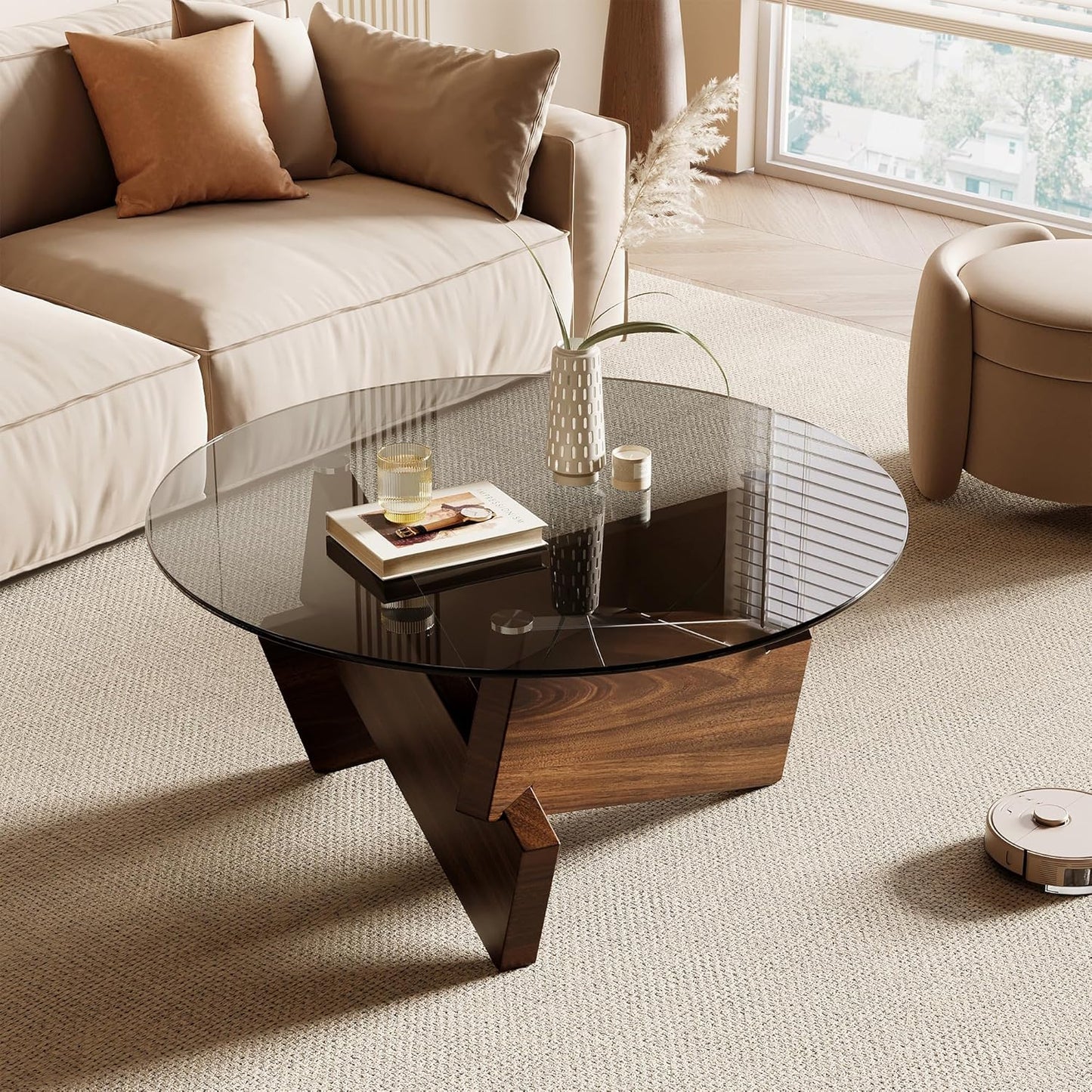 Honyee Morden Rounded Coffee Table, 30.7" x 30.7" x 16.1" Tempered Glass Top for Living Room, Color: Walnut