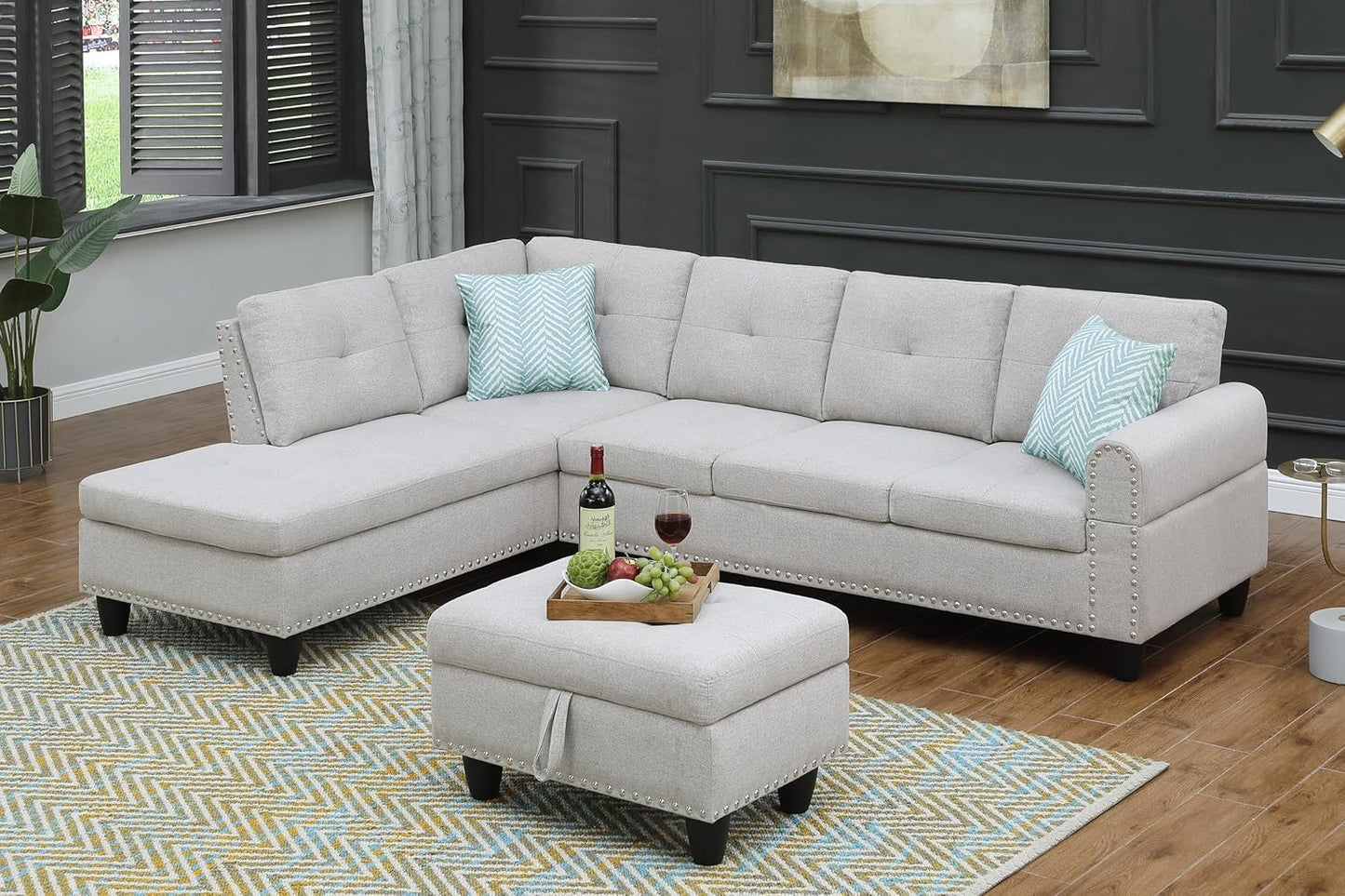Ball & Cast 98" L Shaped Sectional Couch for Living Room with Chaise & Storage Ottoman,4 Seat Linen Upholstered Modular Sectional Sofa Set 3 PCS W/Cup Holder & Nailhead Trim,for Home,Office,Light Gray