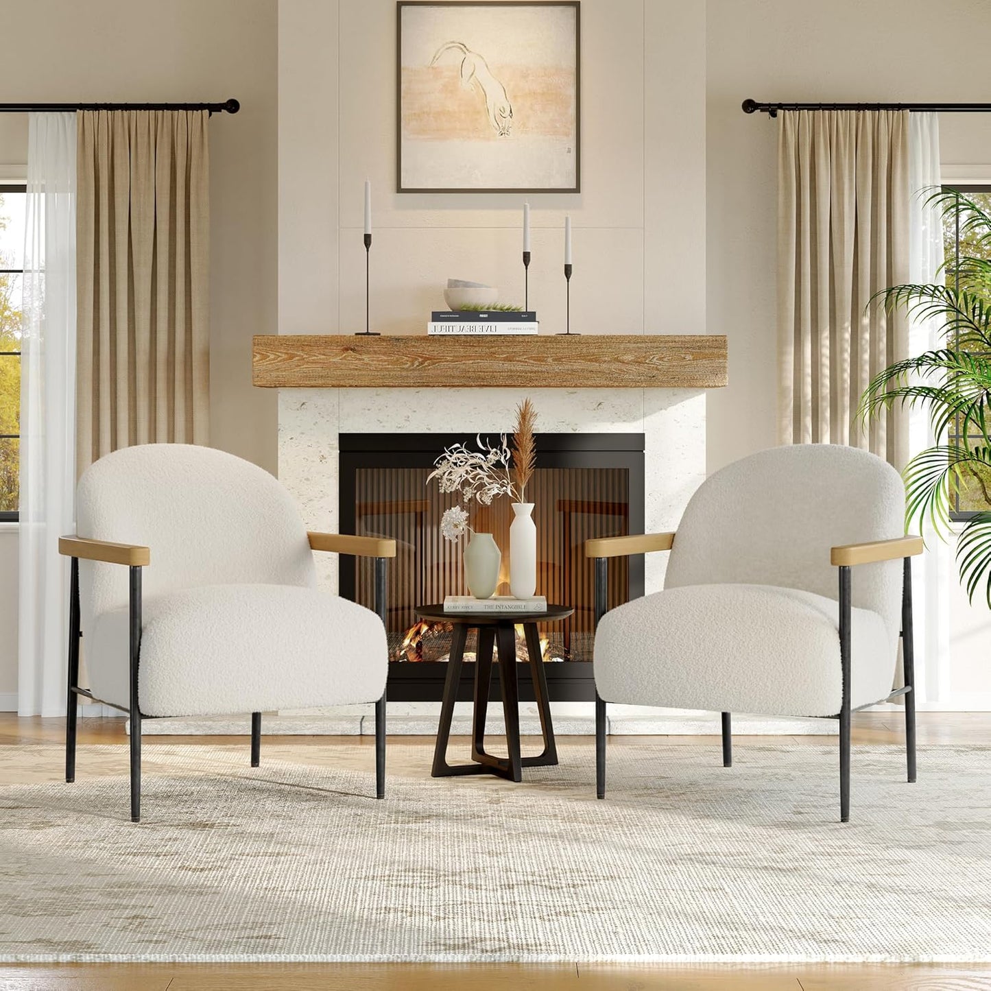 Garvee Modern Accent Chair Set of 4, White Comfy Chair with Teddy Fabric, Wood Arms (2, White)