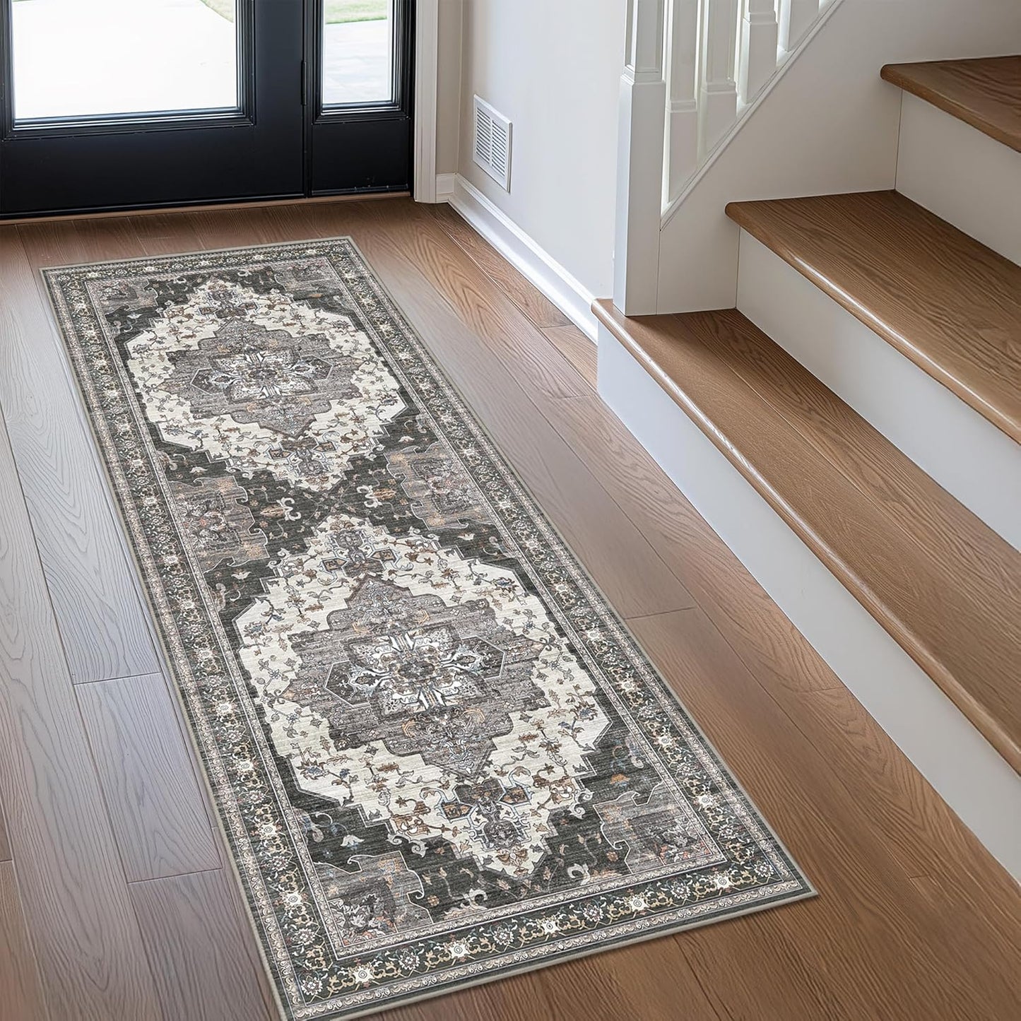 GENIMO 3X7 Hallway Runner Rug, Machine Washable Non Slip Vintage Floral Patchwork Runners, Thin Low Pile Chenille Carpet Runners for Entryway, Kitchen, Bathroom, Bedroom, Slate Gray