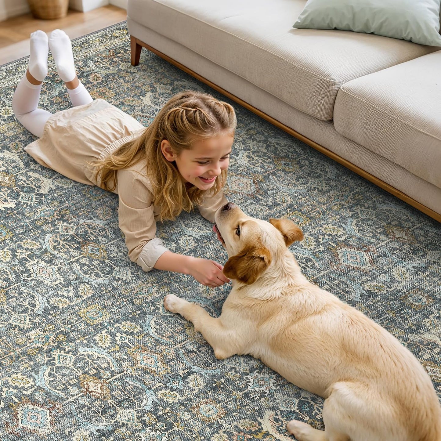 3X5 Area Rugs Machine Washable Rugs for Living Room, Vintage Boho Large Rugs for Bedroom Dining Room, Non Slip Indoor Soft Distressed Lightweight Thin Low Pile Carpet, Terracotta