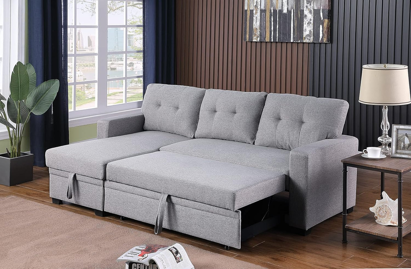 Devion Furniture Philly 4-in-1 Convertible L Shaped Couch with Pull Out Bed and Storage, Sectional Sleeper Sofa with Reversible Chaise for Living Room, Apartment, Bedroom, Office