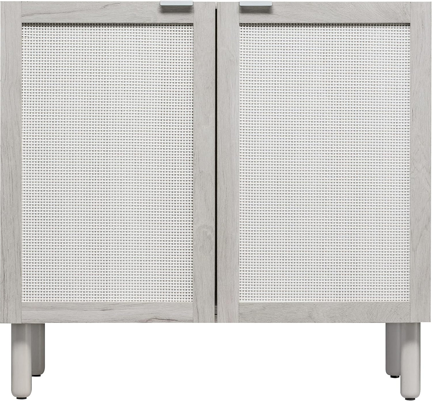 Sango Orre 2-Door Cabinet, Modern Sand Storage Cabinet with Synthetic Rattan Door Panels, Adjustable Shelf, Cylindrical Wood Legs, Discreet Finger Pulls, Elegant Furniture for Living or Dining Room