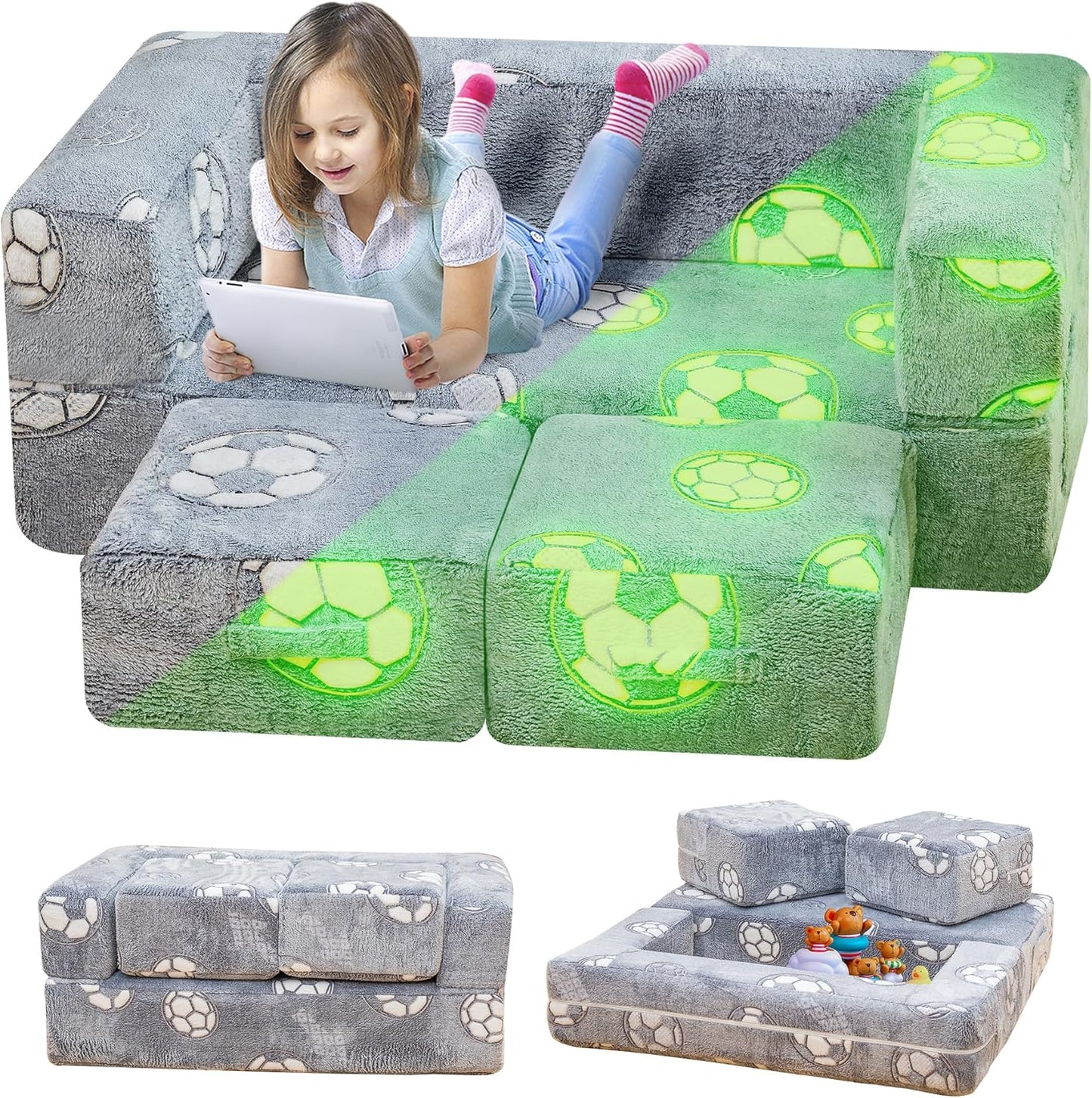Lamerge Toddler Couch Glow in The Dark Toddler Fold Out Couch for playroom, Convertible Baby Fold Out Play Foam and Floor Cushion for Bedroom (Grey+Football)
