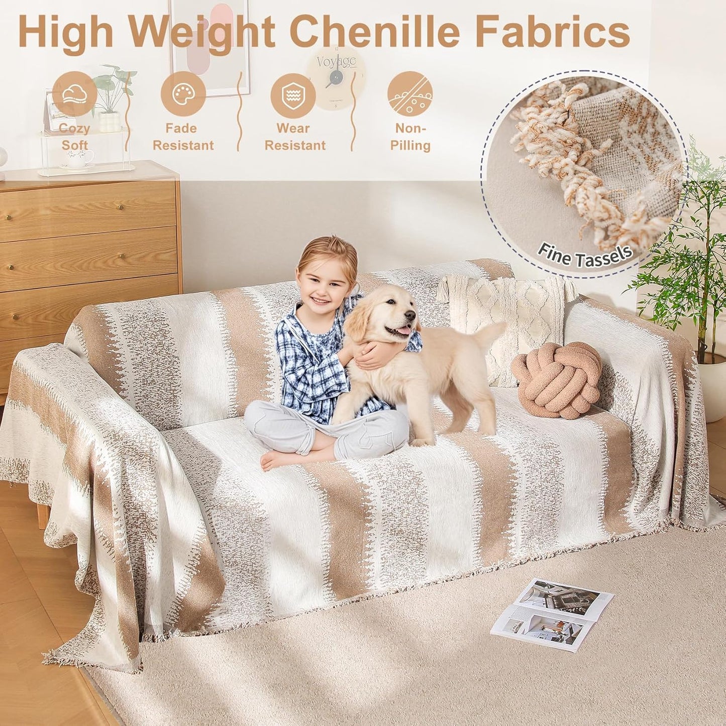 Boho Sofa Cover, Couch Covers for 3 Cushion Couch Sofa Pet Friendly, Sofa Cover Washable, Soft Chenille Living Room Couch Covers Slipcover, Pet Furniture Protecto (1# Khaki, 71" x 150")