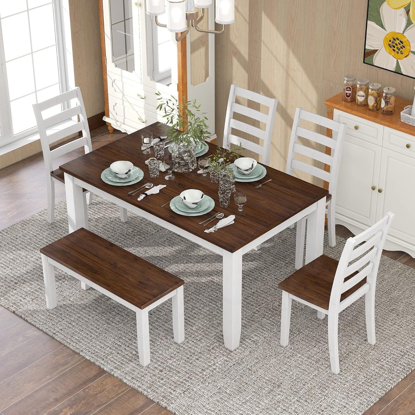 Ball & Cast 6 Piece Dining Table Set with 4 Upholstered Chairs & 1 Bench,Wooden Living Room Furniture W/ 60" Rectangle Kitchen Desk,for Restaurant,Home Bistro，Walnut + Cottage White