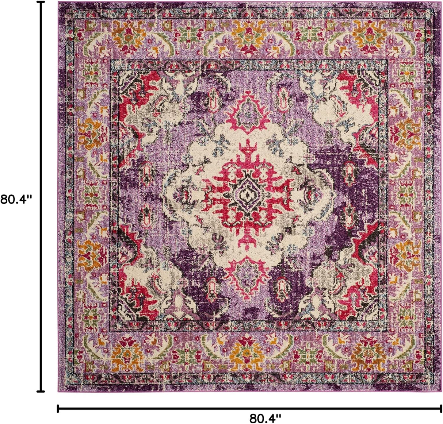 SAFAVIEH Monaco Collection Area Rug - 6'7" Square, Violet & Fuchsia, Boho Chic Medallion Distressed Design, Non-Shedding & Easy Care, Ideal for High Traffic Areas in Living Room, Bedroom (MNC243P)