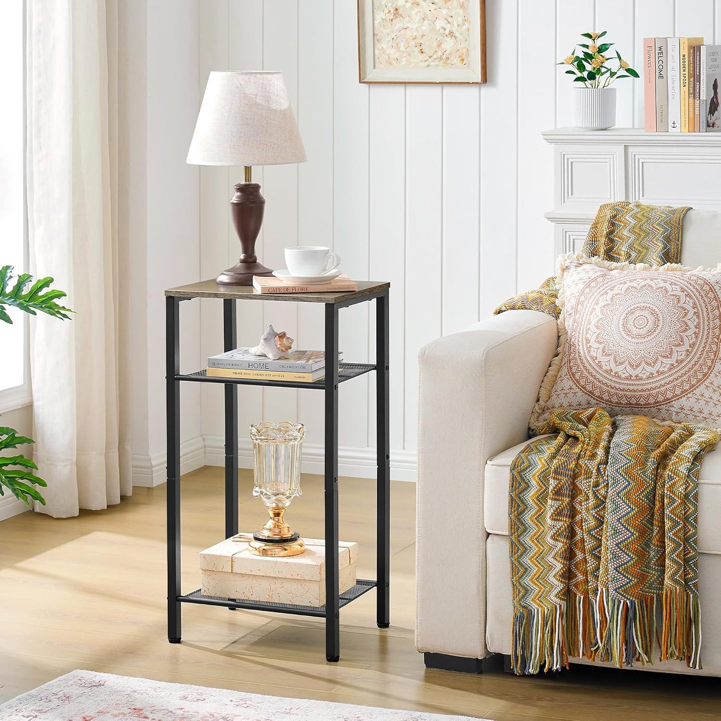 Hoctieon 3 Tier End Table, Telephone Table, Tall Side Table with Storage, Small Nightstand for Small Spaces, Metal Frame, For Living Room, Bedroom, Sofa Couch, Hall, Easy Assembly, Greige