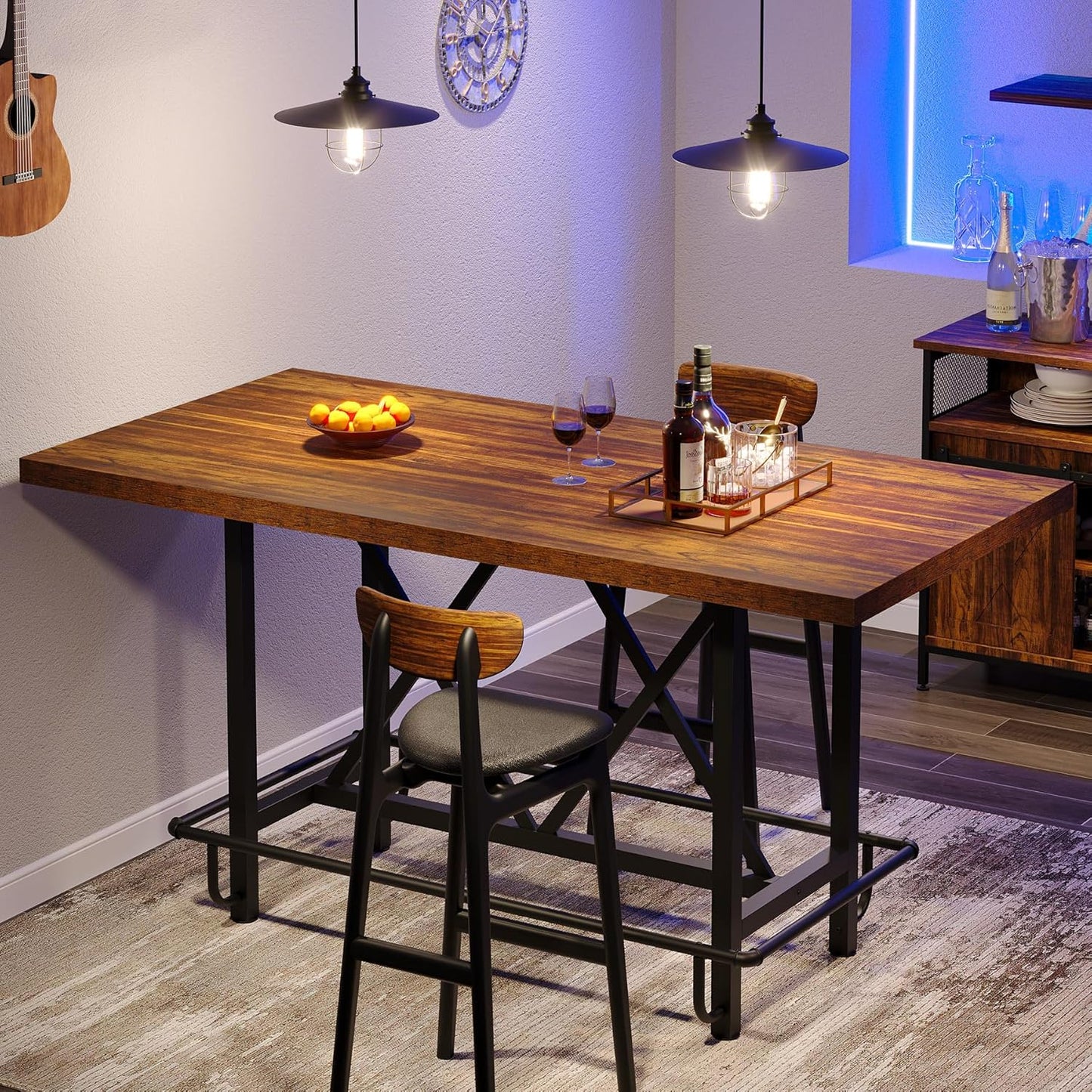 Tribesigns Bar Table, Industrial Counter Height Pub Table with Metal Footrest, 63-Inch Rectangle Wood Kitchen Dining Table with Sturdy Metal Frame for Dining Room, Home Bar (Brown)