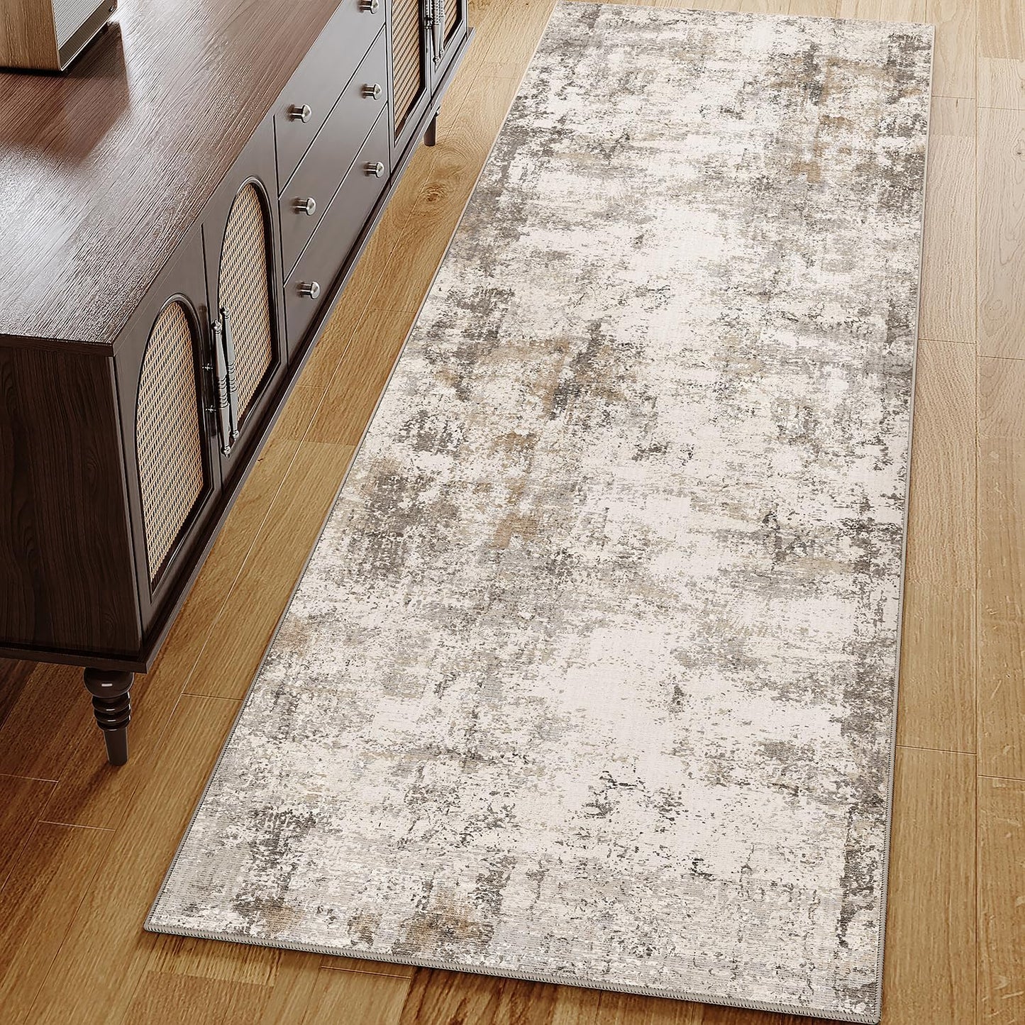 2x6 Washable Runner Rug Brown Grey Neutral Abstract Hallway Kitchen Living Room Bedroom Non Slip Throw Rug Soft Low Pile Indoor Carpet for Entrance Laundry Bathroom