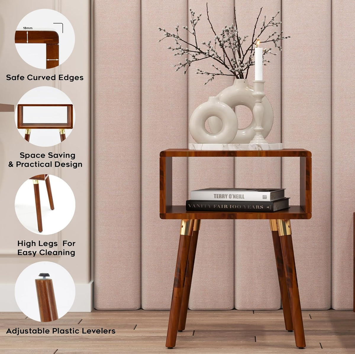 Bme Dinkee Solid Wood Nightstand, Fully Assembled, Without Drawer for Mid Century Bedroom and Living Room, Dark Chocolate