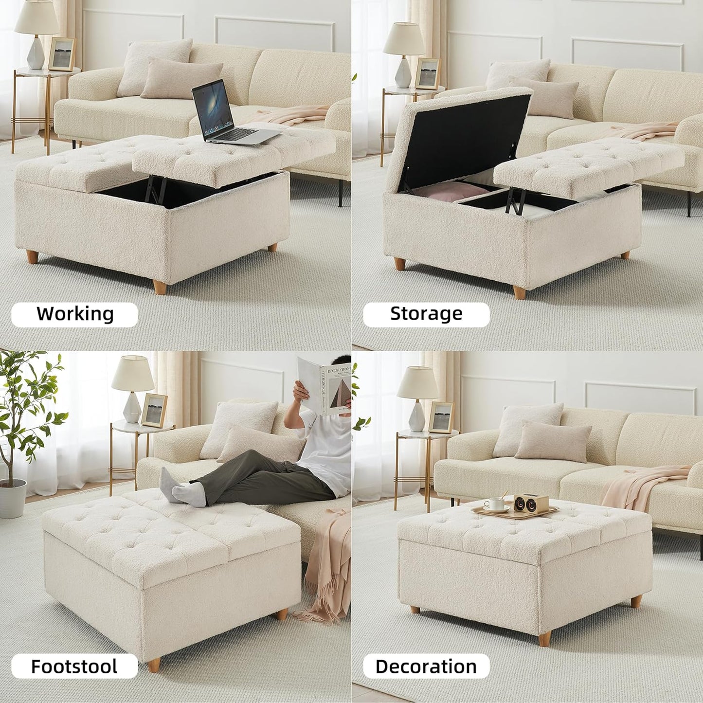GAOMON Sherpa Storage Ottoman Coffee Table with Lift Top, Sherpa Fabric Tufted Upholstered Ottoman with Storage, Large Square Storage Ottoman Bench for Bedroom Living Room(Sherpa, White)