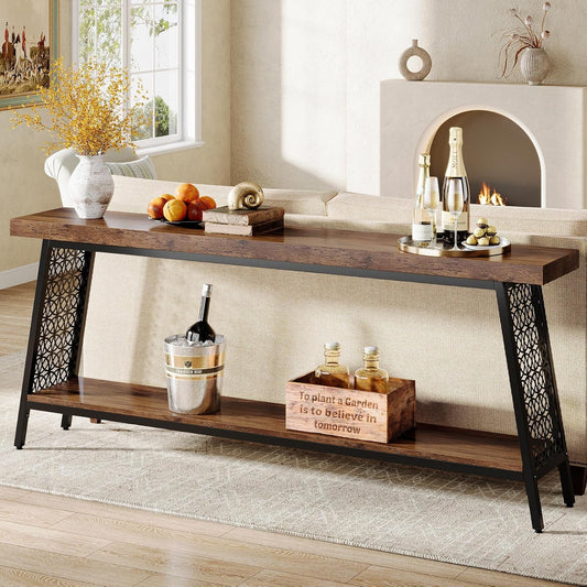 Tribesigns 70.9" Extra Long Console Table, 2-Tier Sofa Table with Storage, Industrial Entryway Table Behind Couch, Narrow Entrance Table for Hallway, Living Room, Rustic Brown
