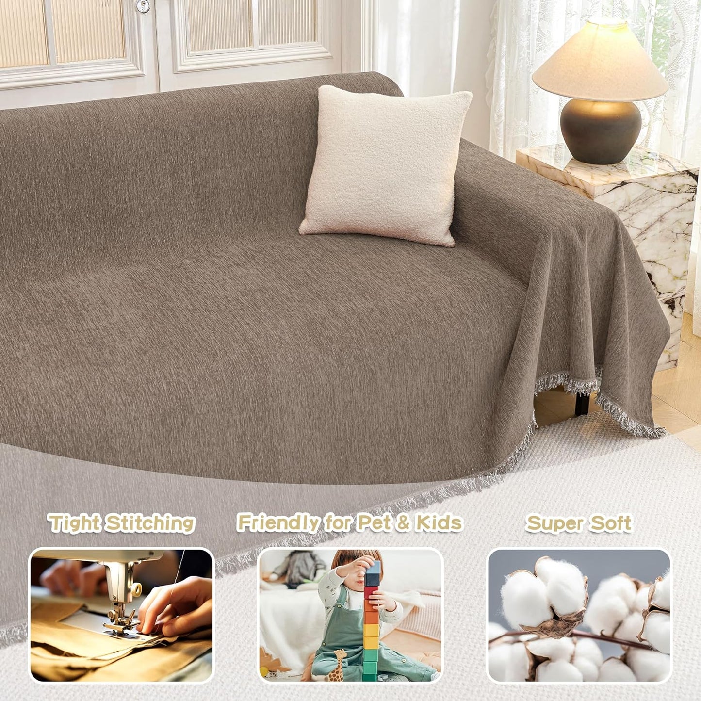 MYSKY HOME Chair Couch Cover Sectional Couch Covers for Pet Sofa Covers Non Slip Soft Couch Sofa Cover, Washable Furniture Protector Sofa Slipcover with Tassel Sofa Throws Living Room, 71"x91", Sand