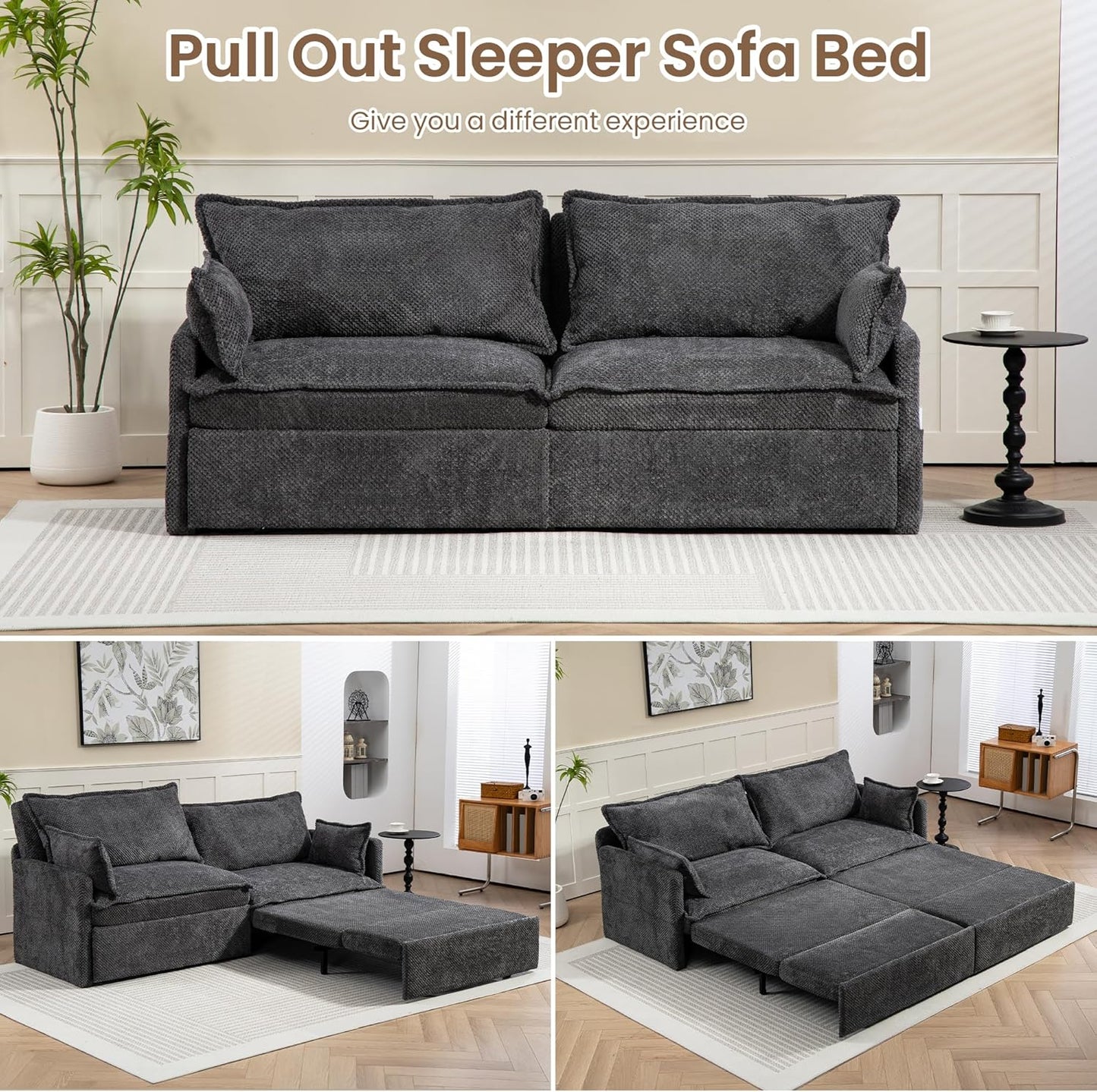 Furnimart 73.6" King Size Pull Out Sofa Bed, 3 in 1 Convertible Sleeper Bed with USB/C-Type Charging Ports & Side Pockets, Modern Futon Couch for Living Room, Apartment, Bedroom, Corduroy Dark Grey