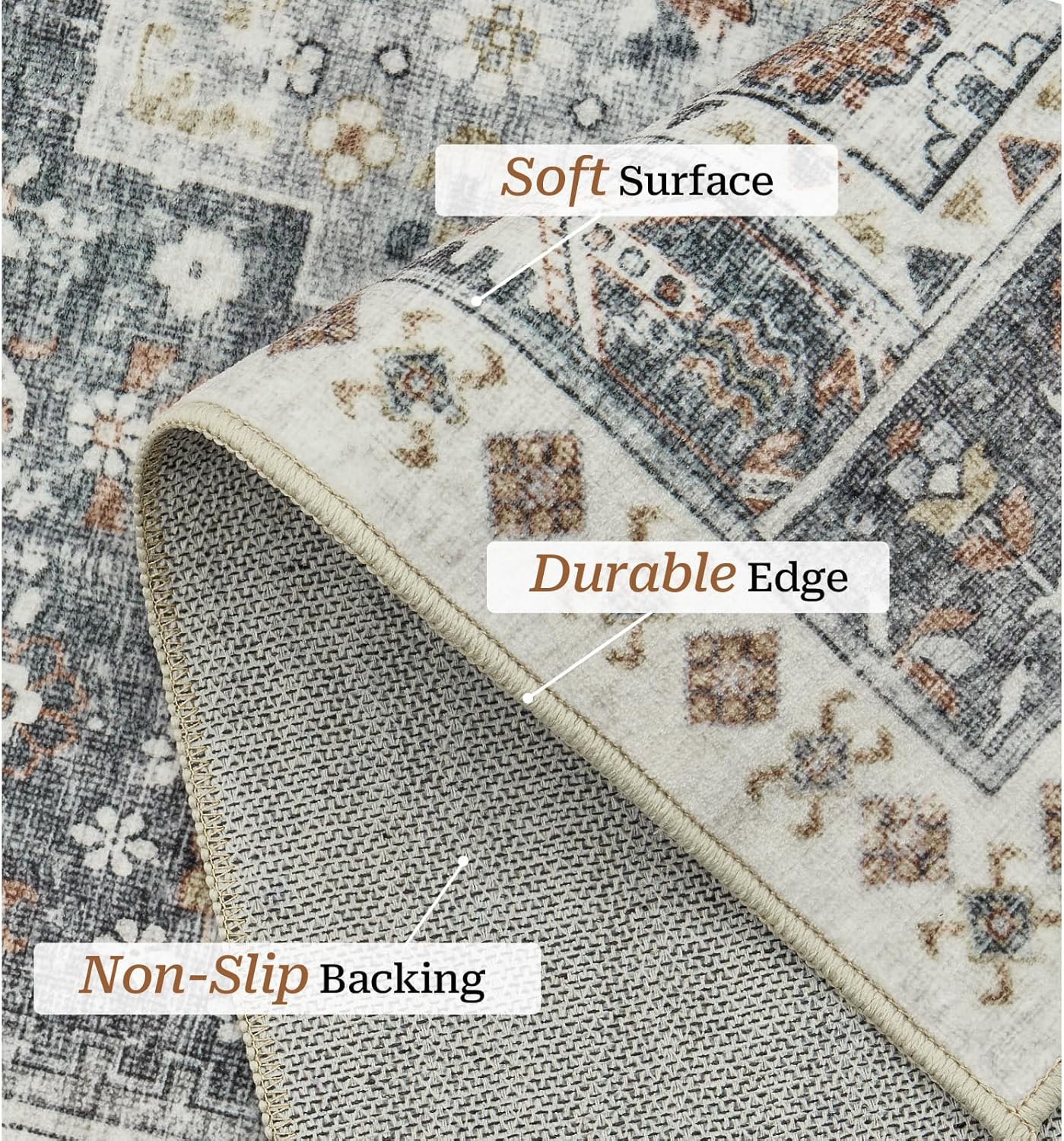 zesthome 5x7 Area Rugs - Ultra-Thin Washble Rug, Stain Resistant Anti Slip Backing Rugs for Living Room,Bedroom, Vintage Home Decor Area Rug (Grey/Orange,5'x7')