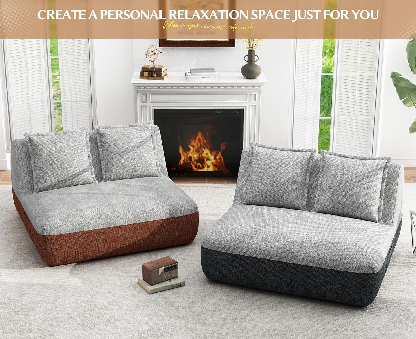 Hobestluk Small Sofa Couch Lounge Sofa Chair for Living Room, Comfy Memory Foam Couch, Mini Sofa with Side Pocket for Living Room, Bedroom (Terracotta+Light Grey)