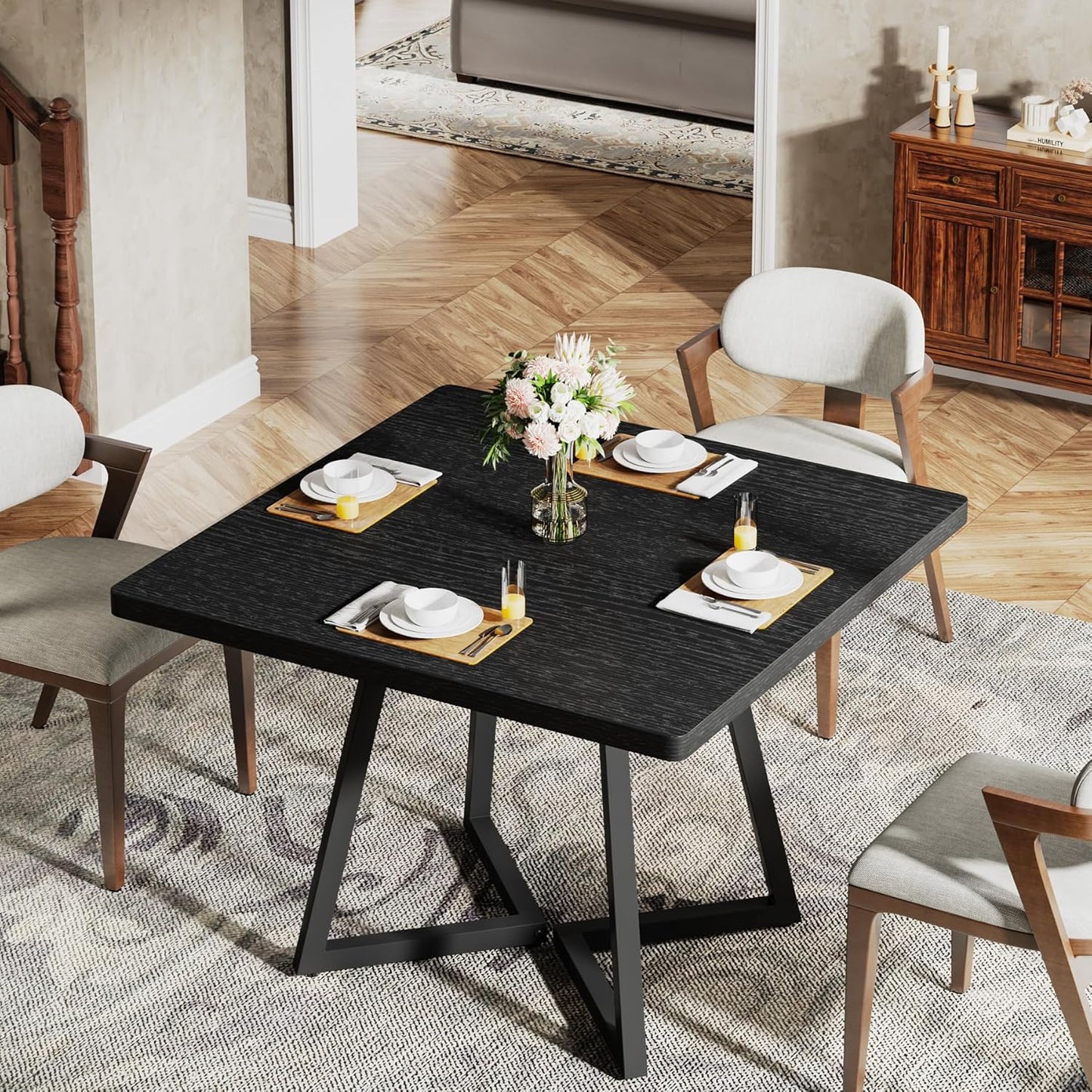 Tribesigns Square Dining Table for 6, 31.5" Industrial Dinner Table with Metal Base, Kitchen Table for Dining Room, Small Space, Apartment, Black