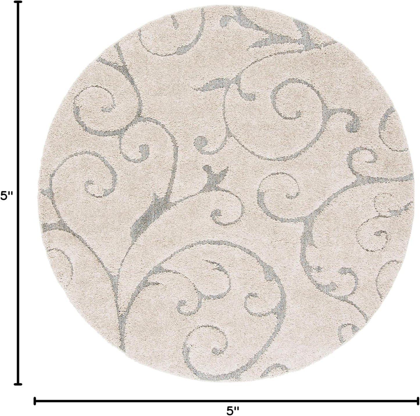 SAFAVIEH Florida Shag Collection Area Rug - 5' Round, Beige & Blue Grey, Scroll Design, Non-Shedding & Easy Care, 1.2-inch Thick Ideal for High Traffic Areas in Living Room, Bedroom (SG455-1155)